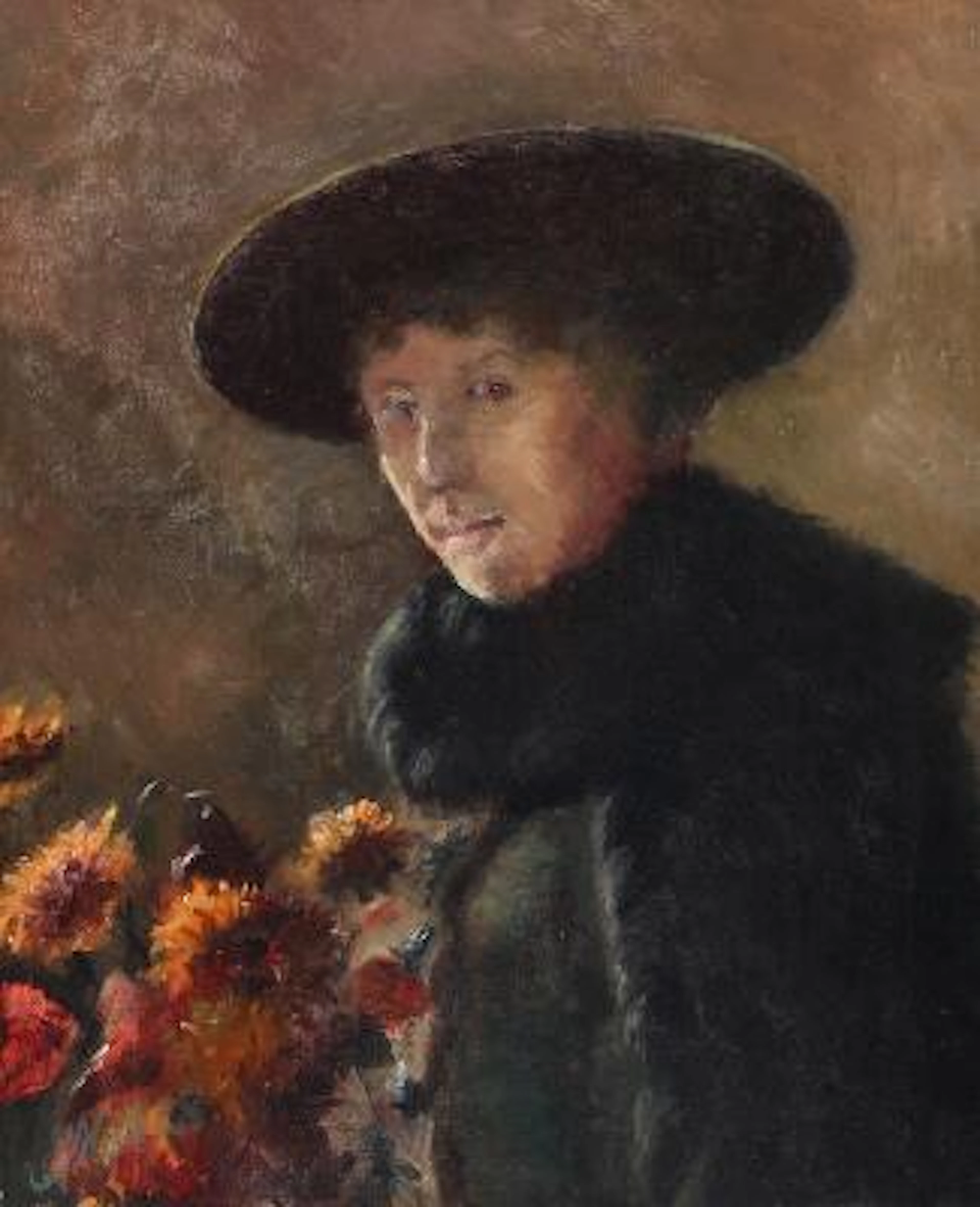 Emilie Mundt: Portrait of a woman with flowers, presumably Carla Mundt