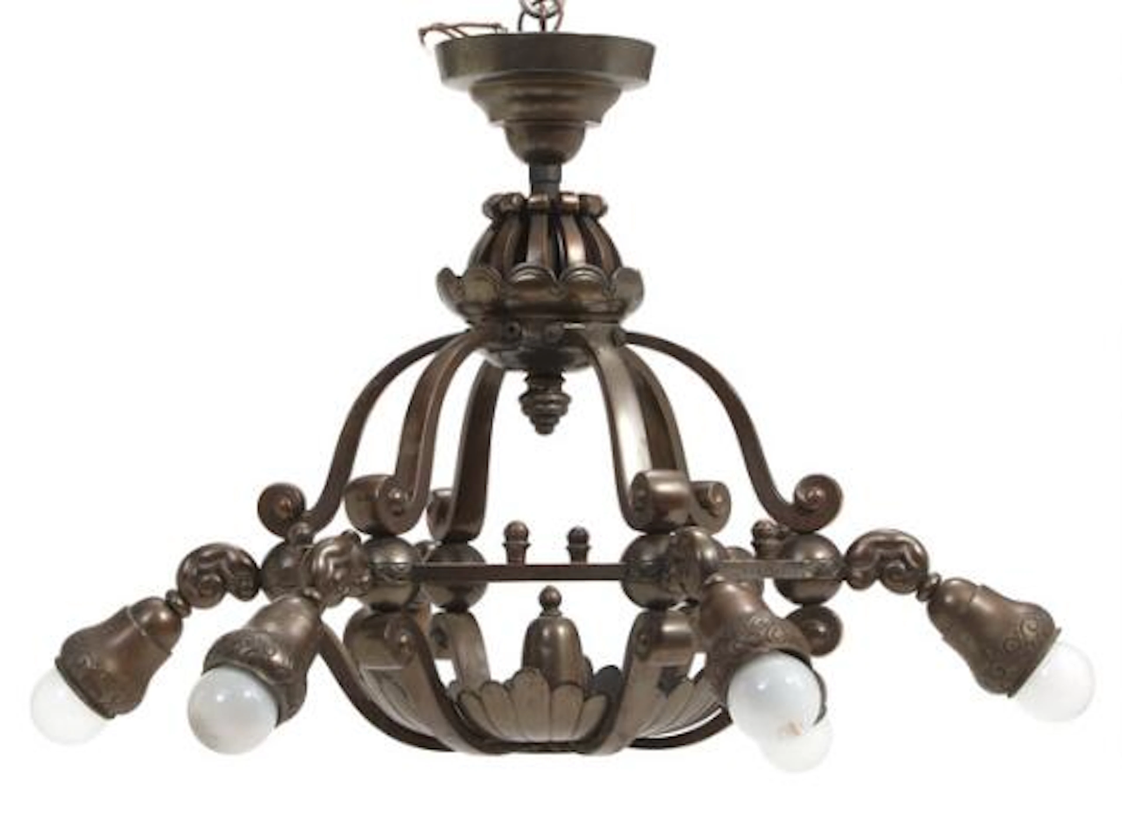 Art Nouveau chandelier in brass with lamp arms, decorated with ornaments.