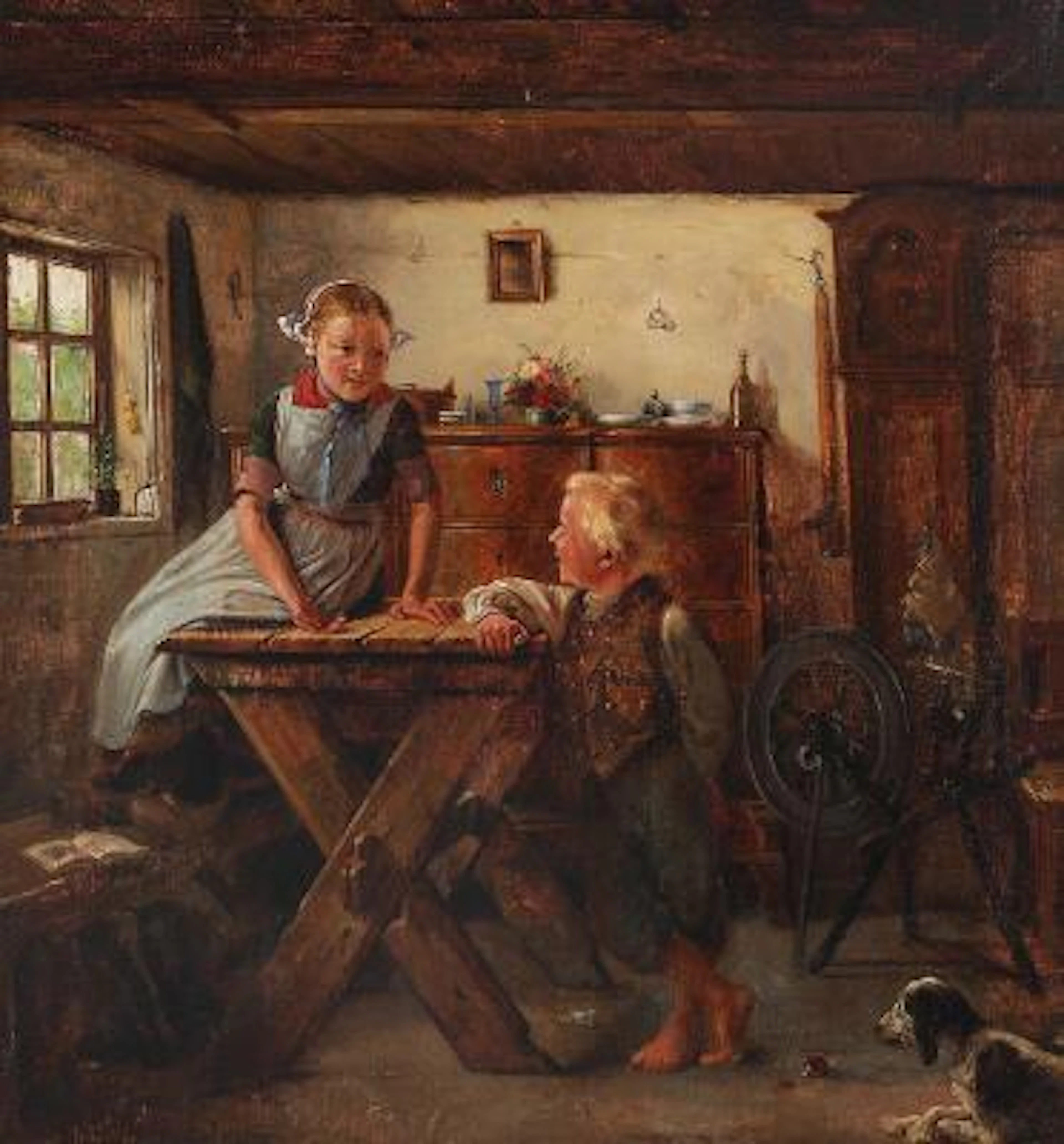 Christian Thørrestrup: Interior of a farmhouse with a girl and a young