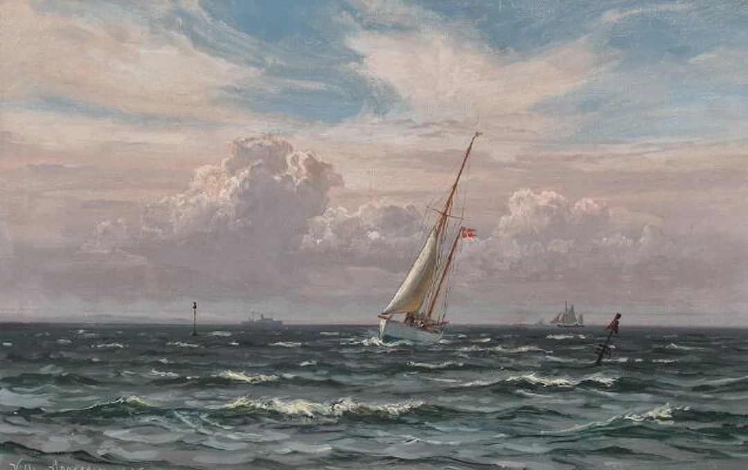 Vilhelm Arnesen: Seascape with a Danish sailing ship. Signed and dated