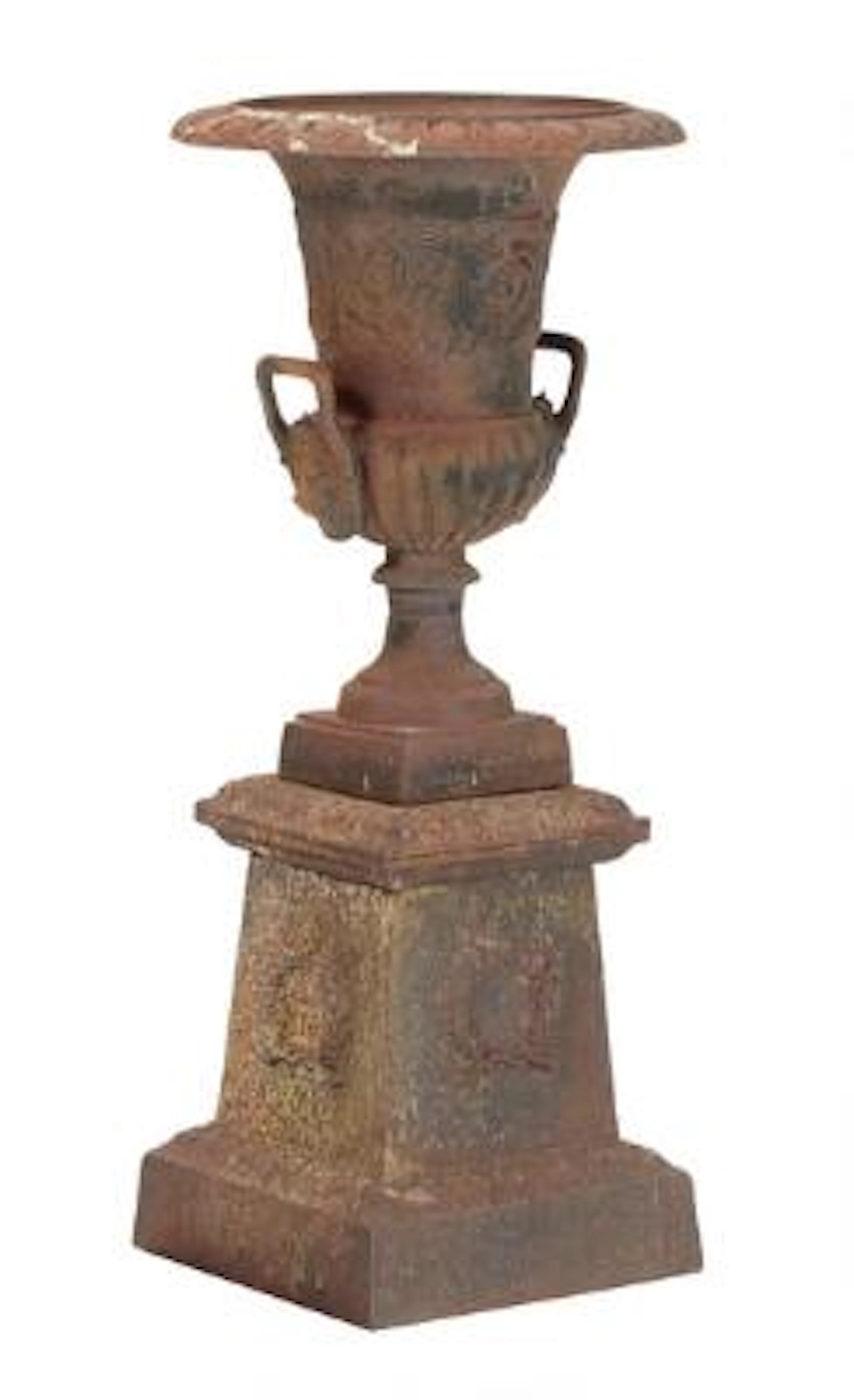 A French patinated cast iron garden vase, mounted on four sided base.