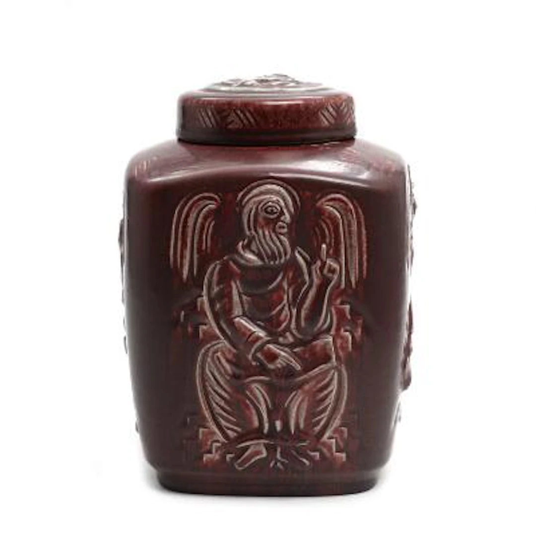 Jais Nielsen: "Temple Vase". Lidded stoneware jar decorated with oxblood