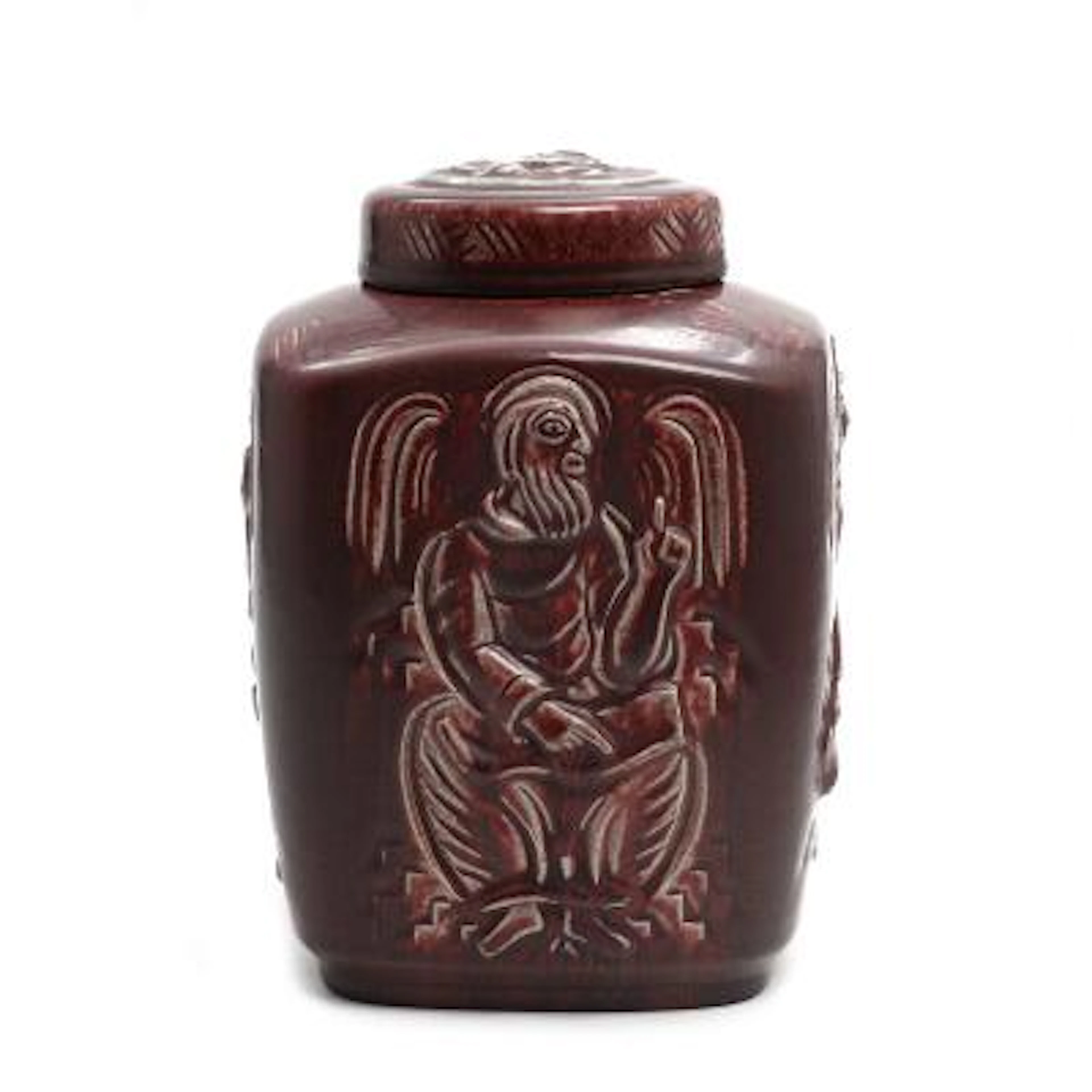 Jais Nielsen: "Temple Vase". Lidded stoneware jar decorated with oxblood