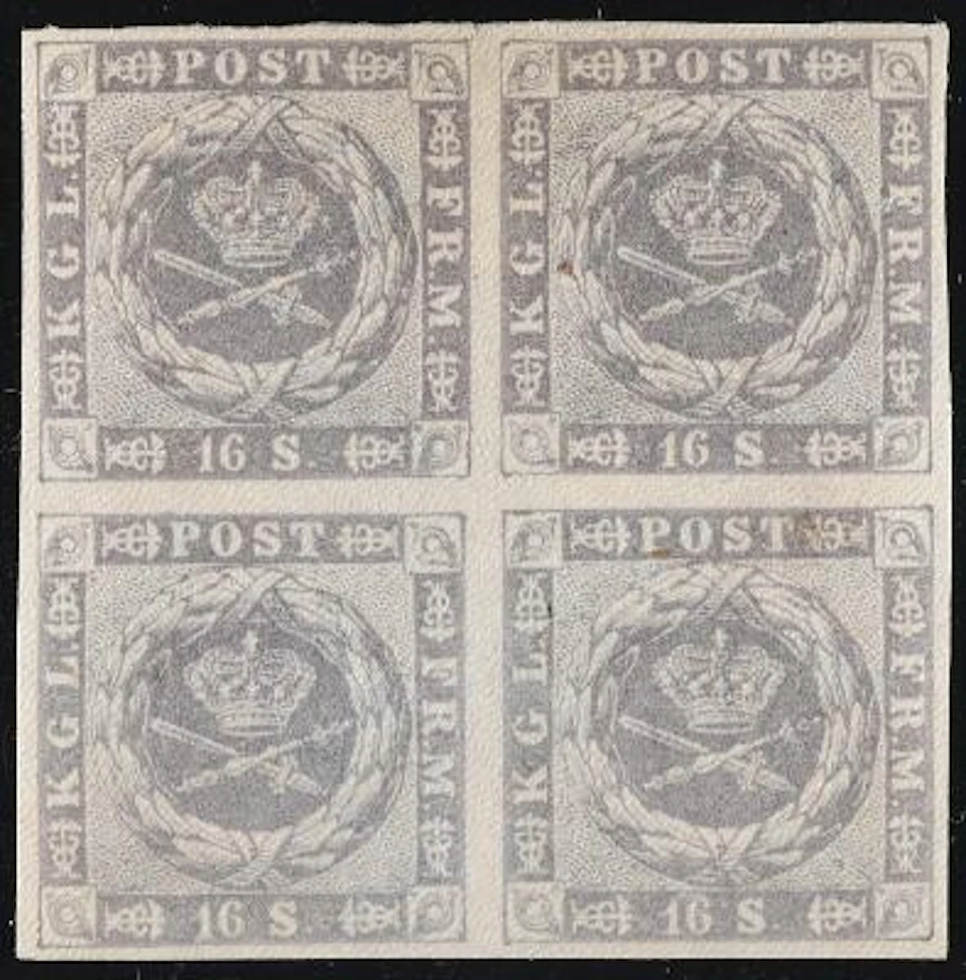1854. 16 sk. greypurple. Full margined BLOCK OF 4 with variety "Dent