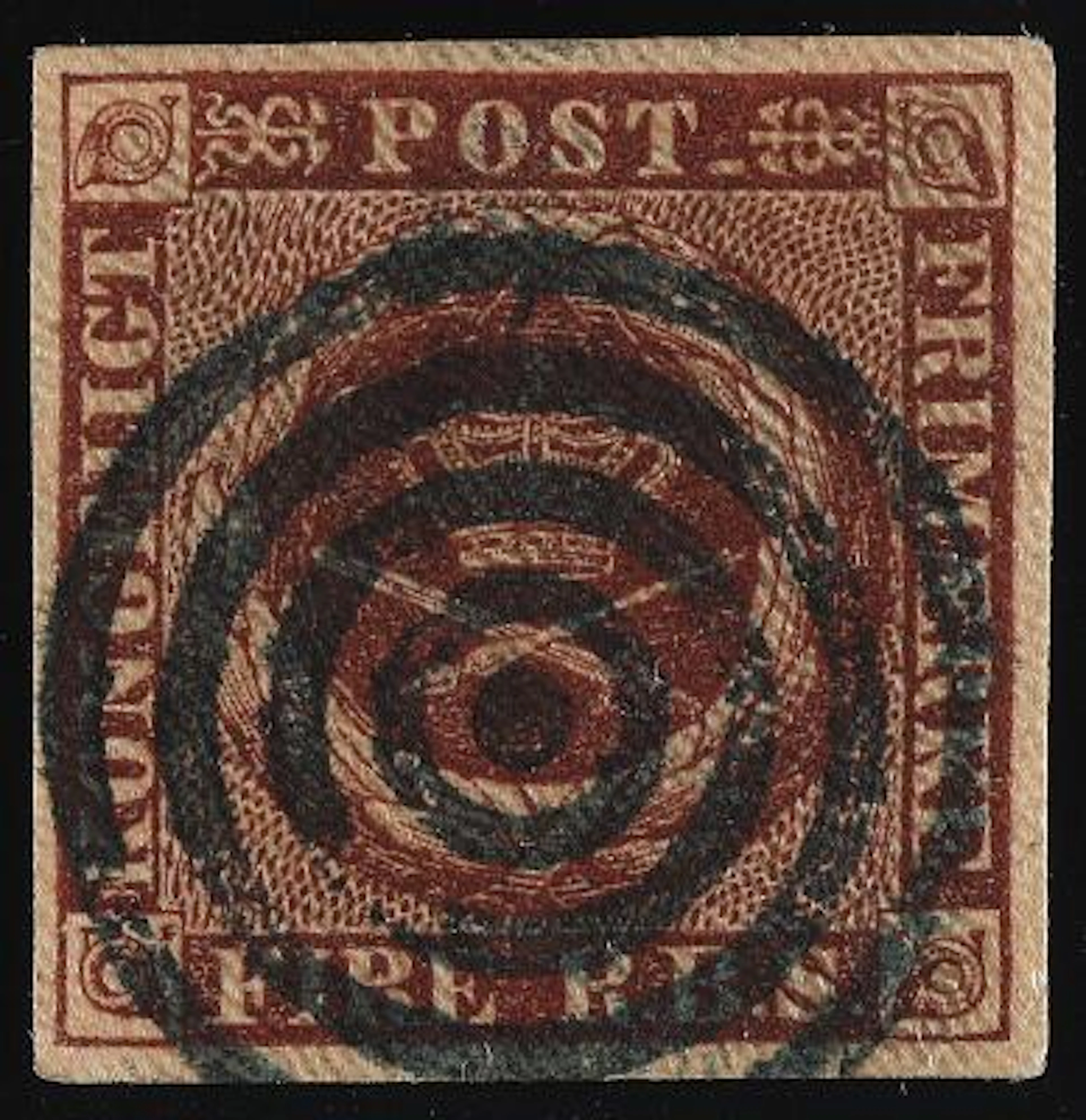 1851. 4 RBS, chocolate brown. Ferslew. Plate I, no. 77. Excellent