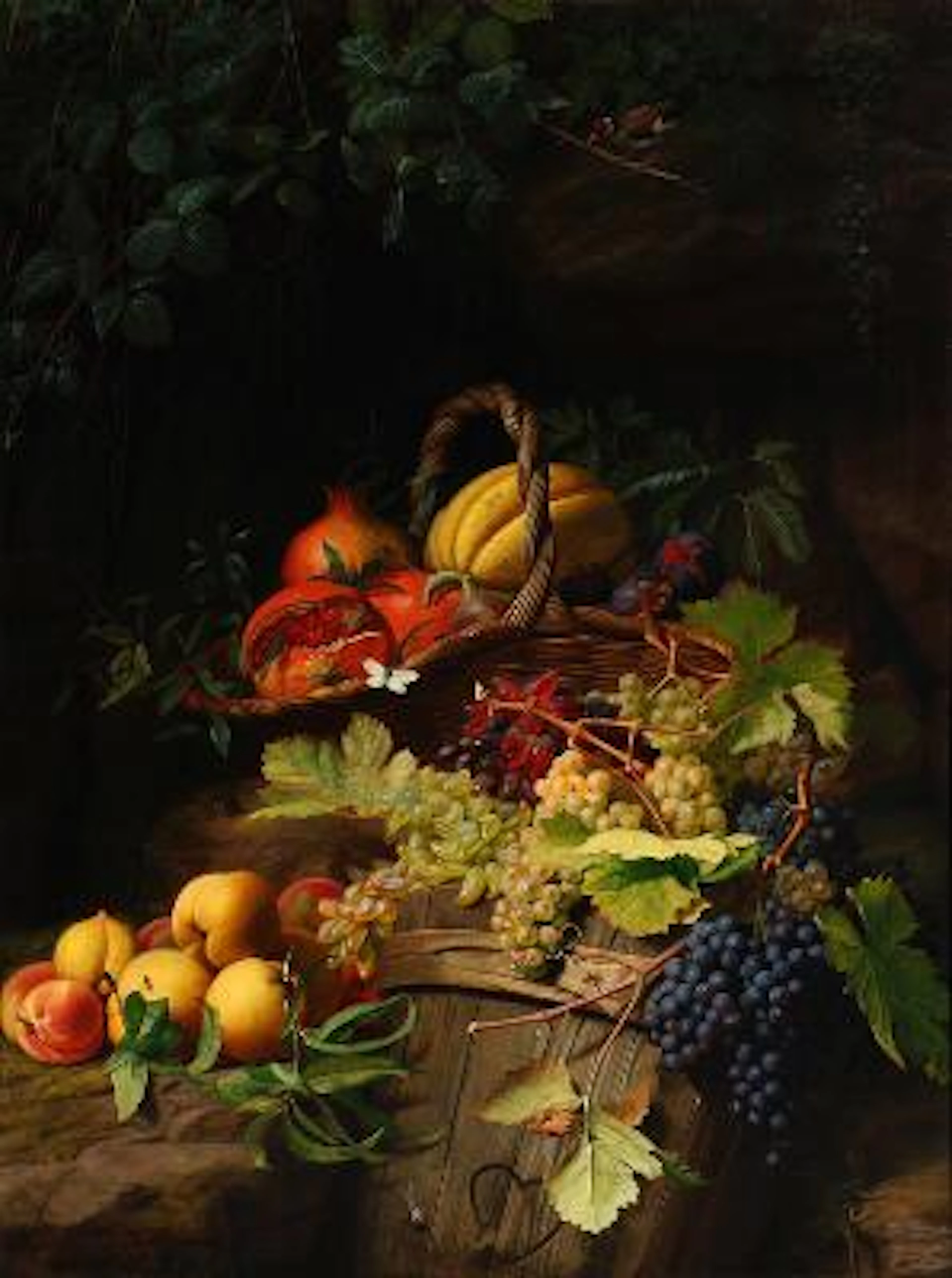 William Hammer: Nature morte with fruit in a wowen basket. Signed