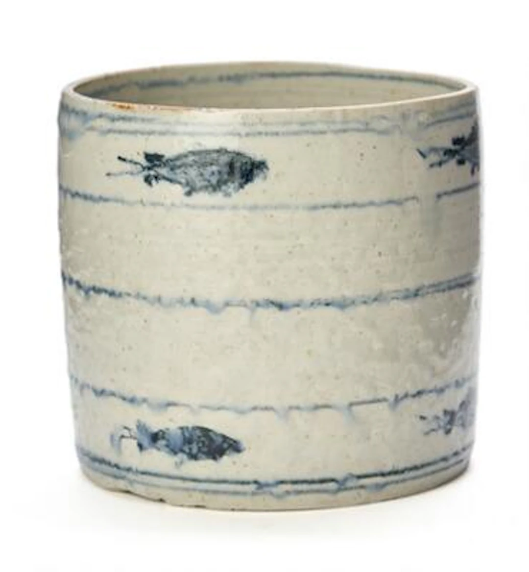 Myre Vasegaard: A stoneware vase decorated with line and fish motifs