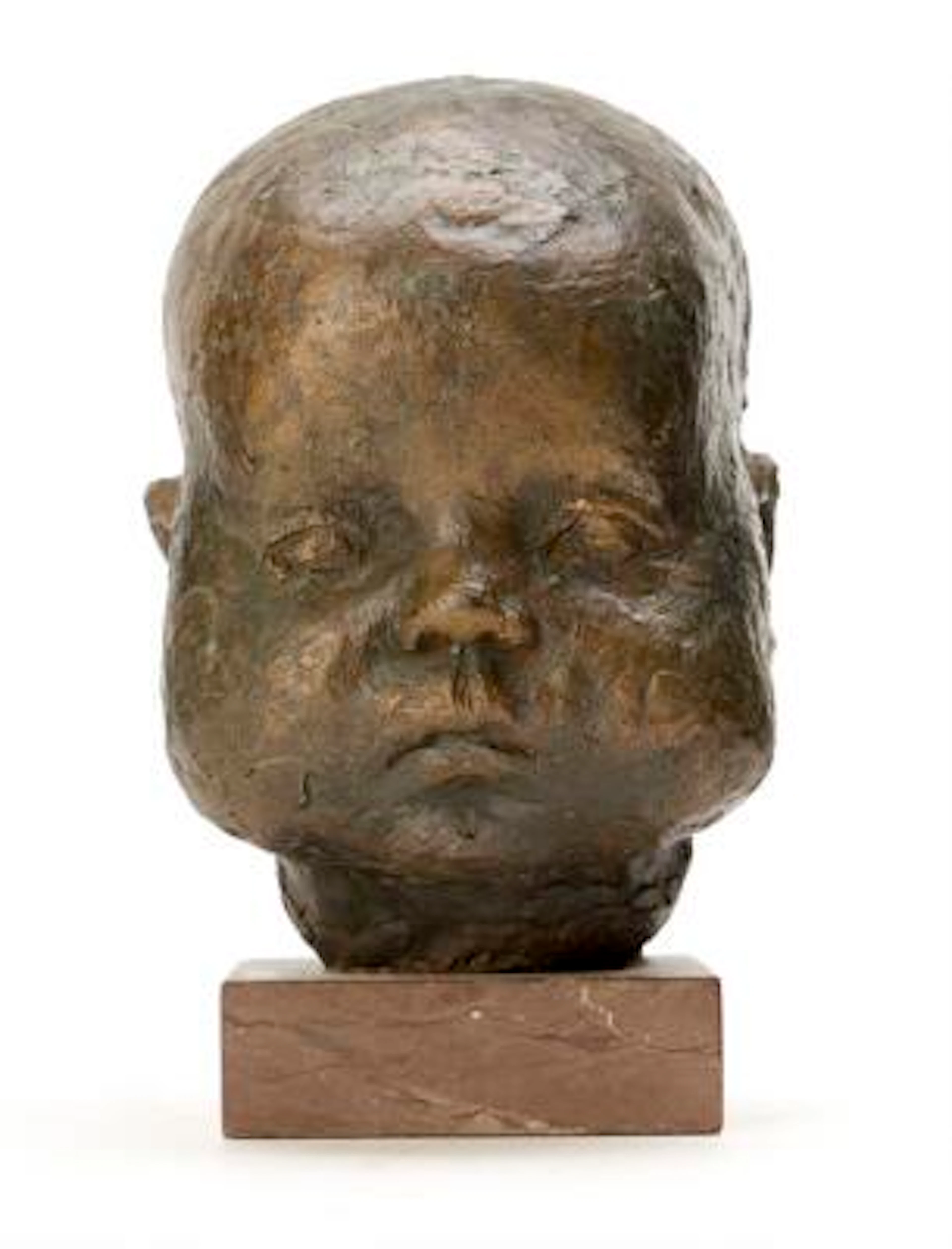 Hanne Varming: Bust of a child. Signed HV. Patinated bronze on wooden