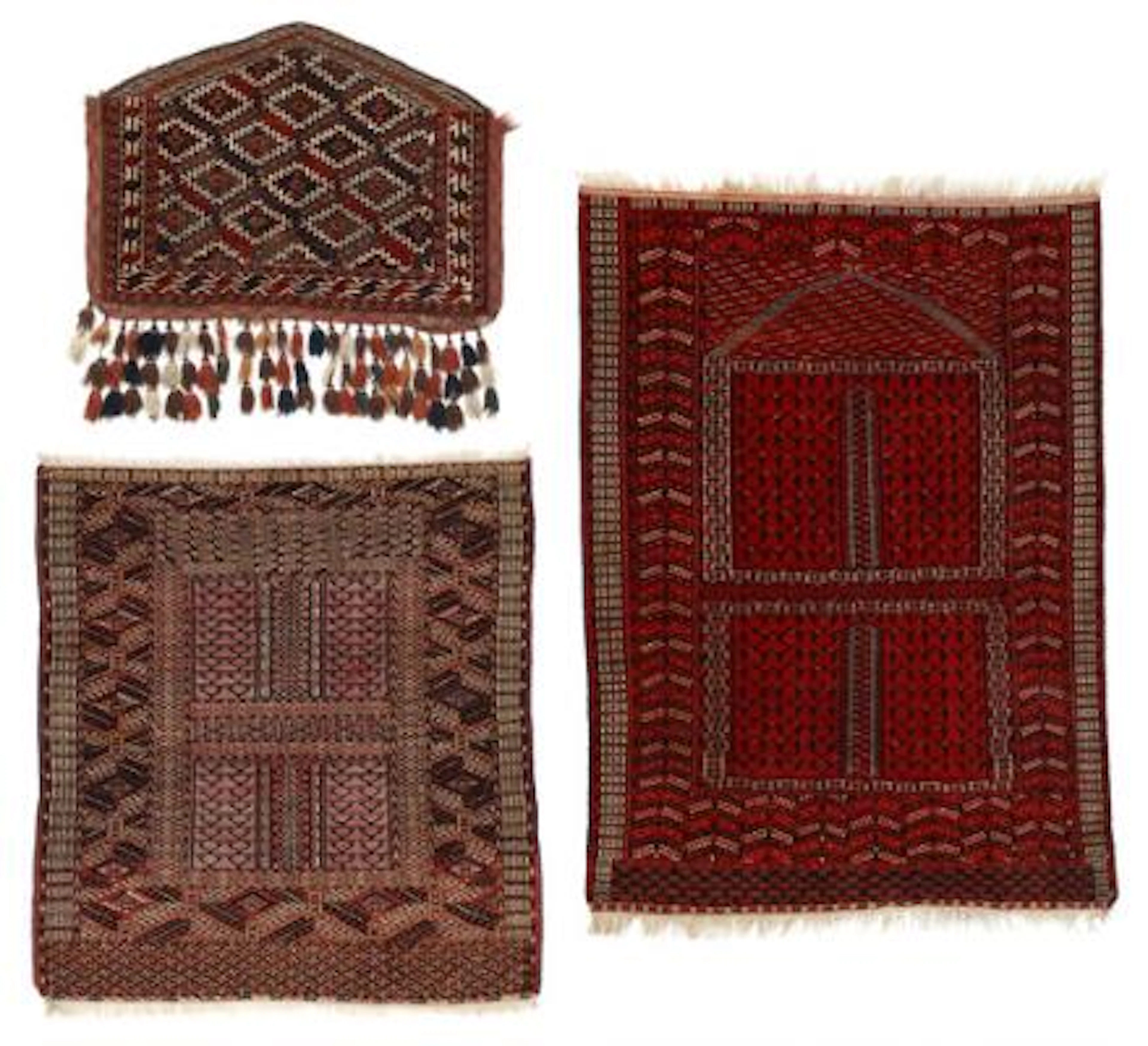 Three Turkoman tribal rugs. Two Engsi(tribal tent door hanging). 188