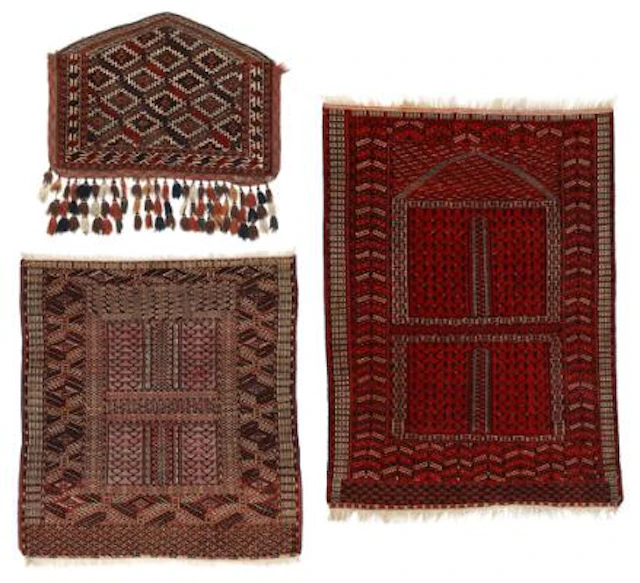 Three Turkoman tribal rugs. Two Engsi(tribal tent door hanging). 188