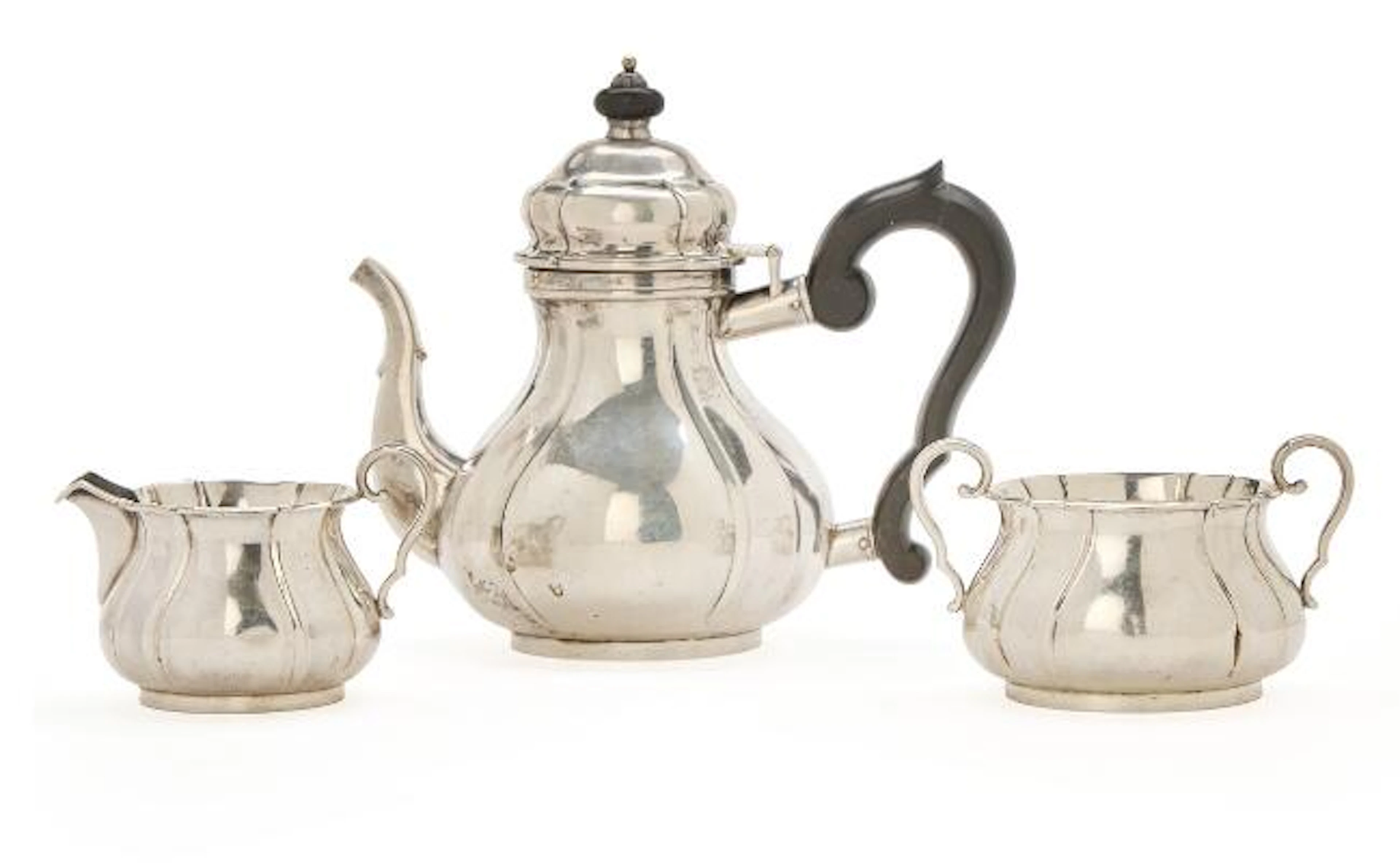 K.C. Herman: Baroque style silver mocha set. Copenhagen hallmark 1938.