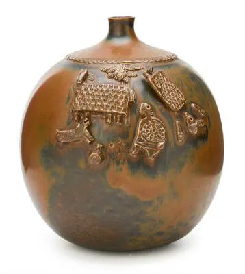 Stig Lindberg: Stoneware vase modelled with animals and figures in
