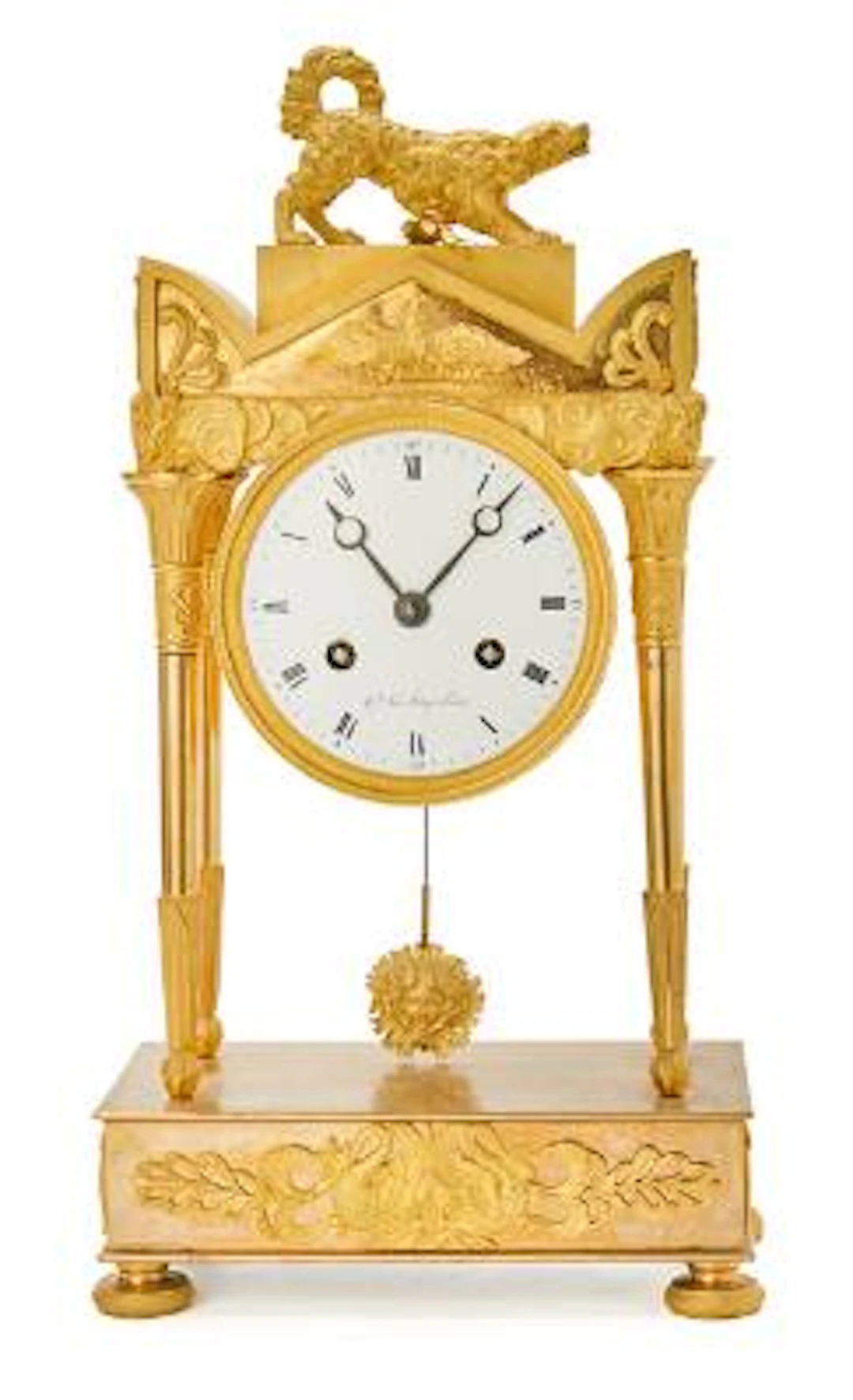 French Directoire mantelpiece clock in gilded bronze, dial of white