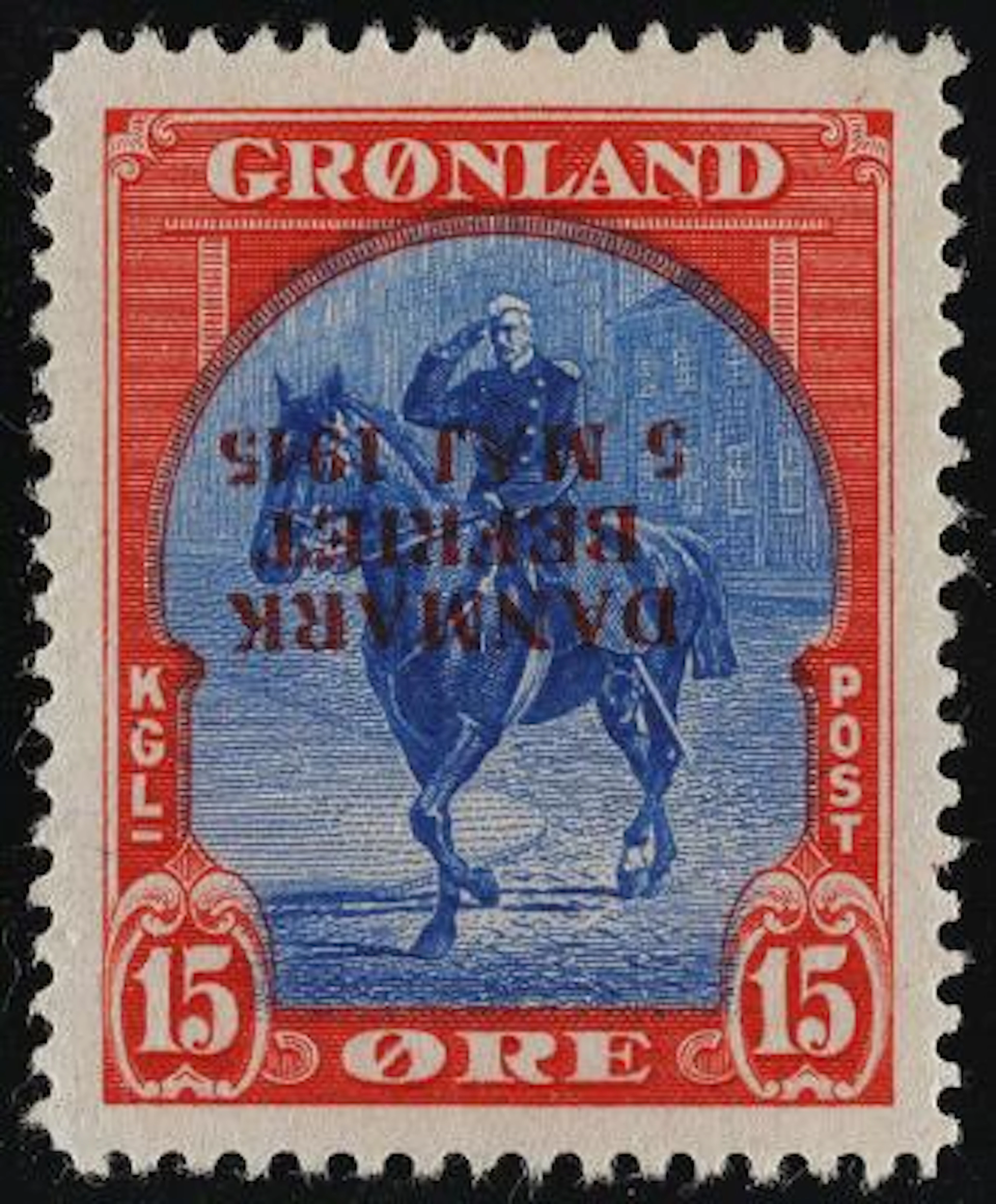 1945. Danmark Befriet. 15 øre, red/blue. INVERTED OVERPRINT. Very
