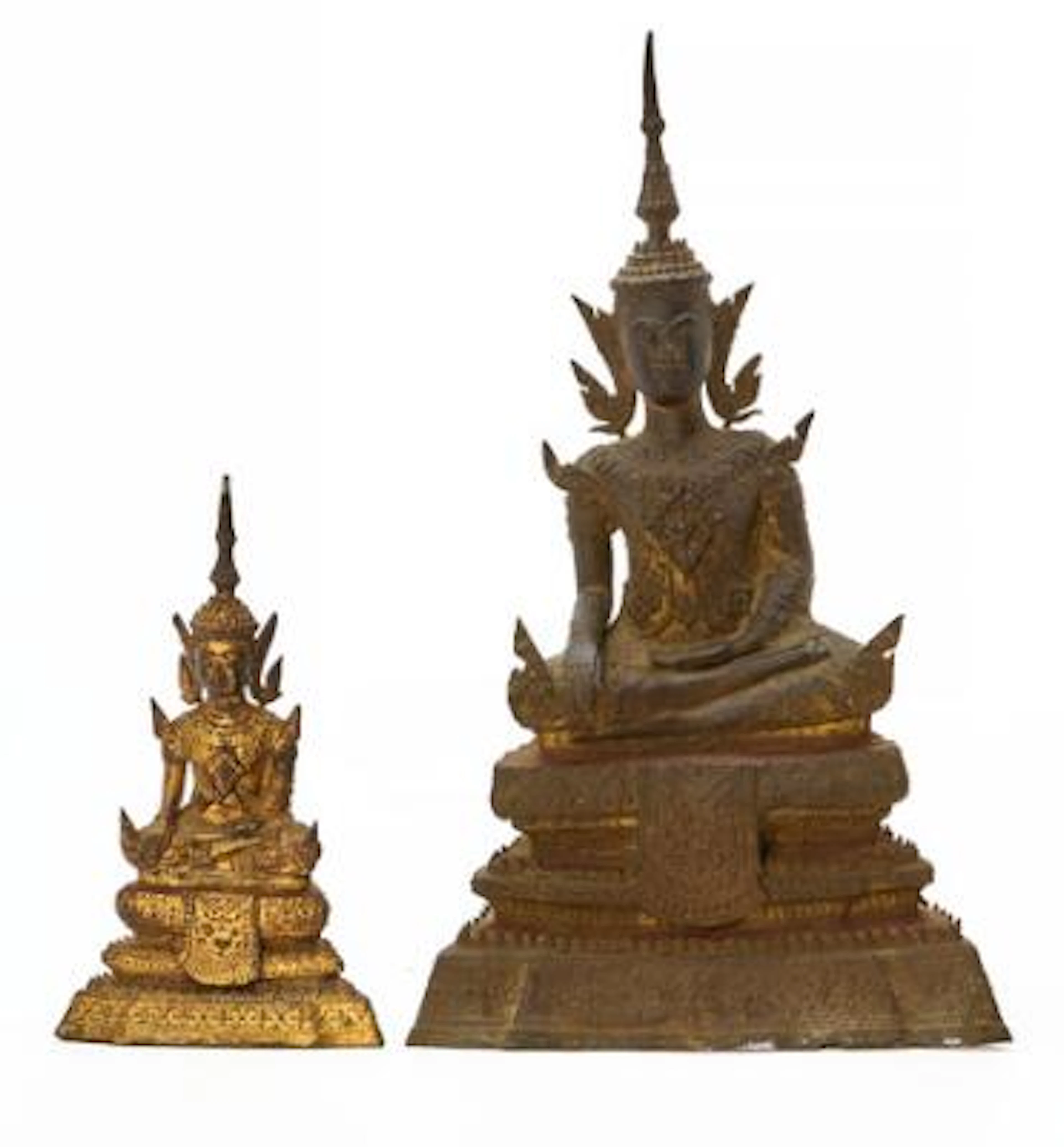 Two Rattanakosin bronze figures, partly gilded, in the form of Buddha