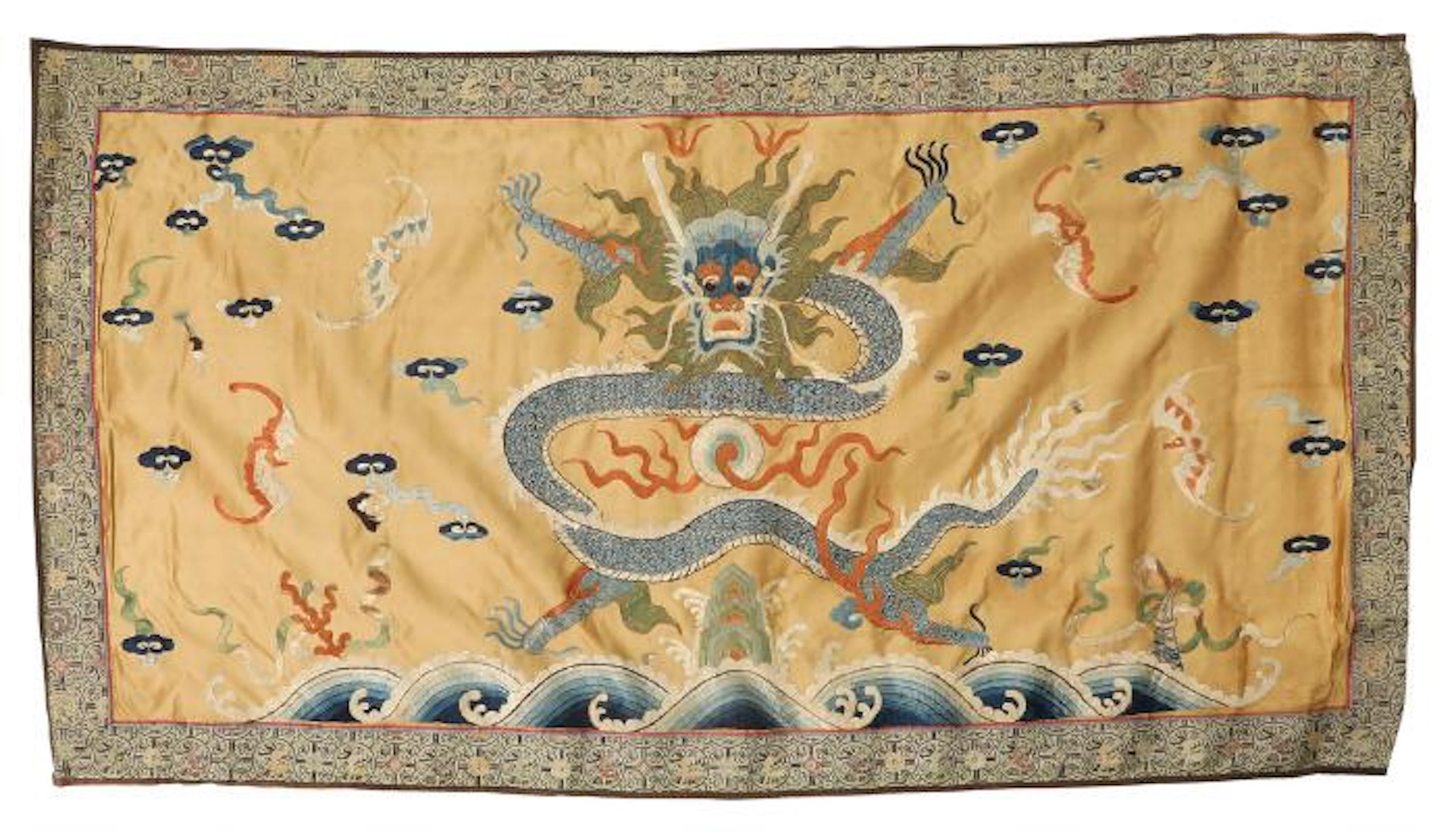 Chinese silk cloth, richly embroidered with dragon and bats. 20th
