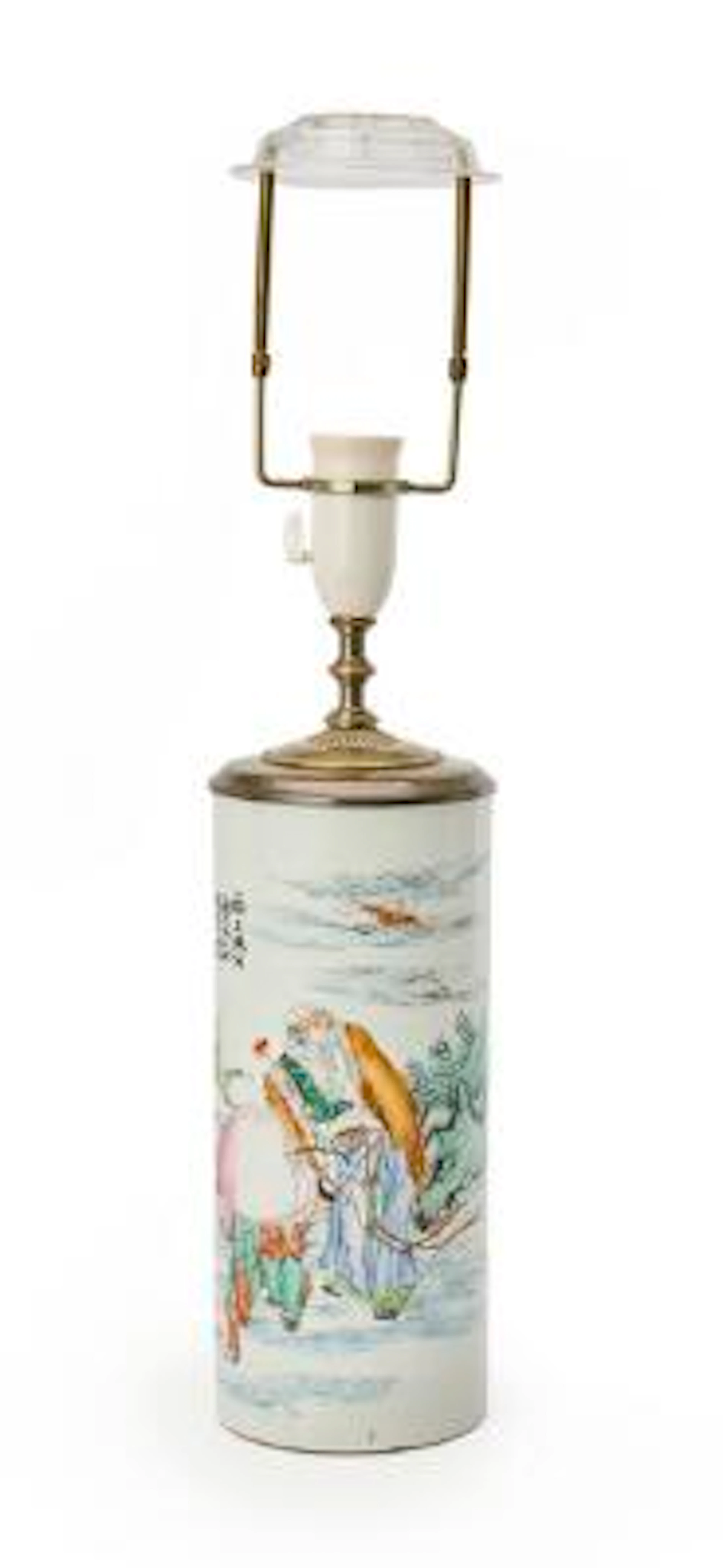 A Chinese enamelled porcelain vase, cylindrical form. Republic. Mounted