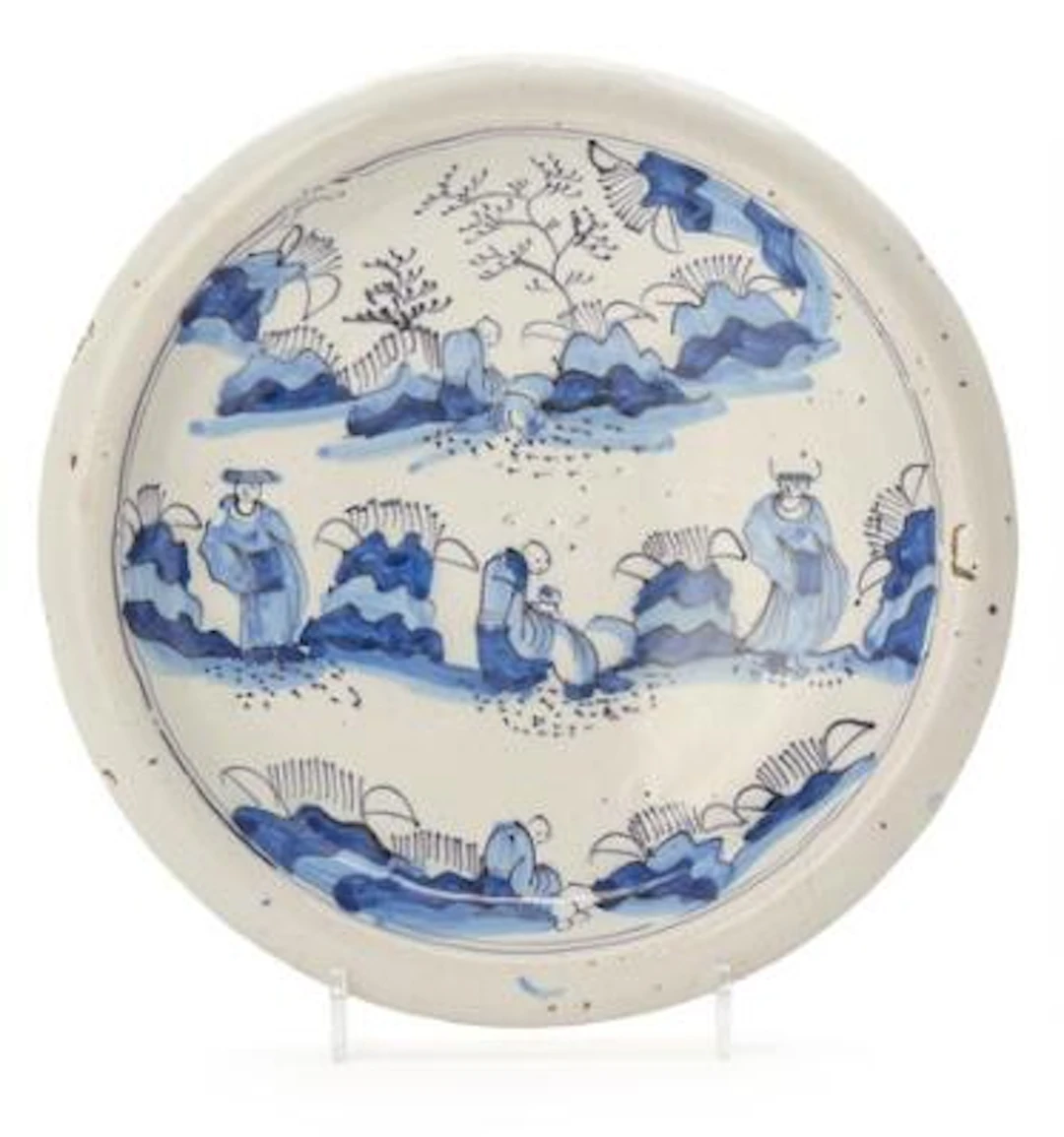 Delft faience dish decorated in blue with a chinoiserie motif. 18th