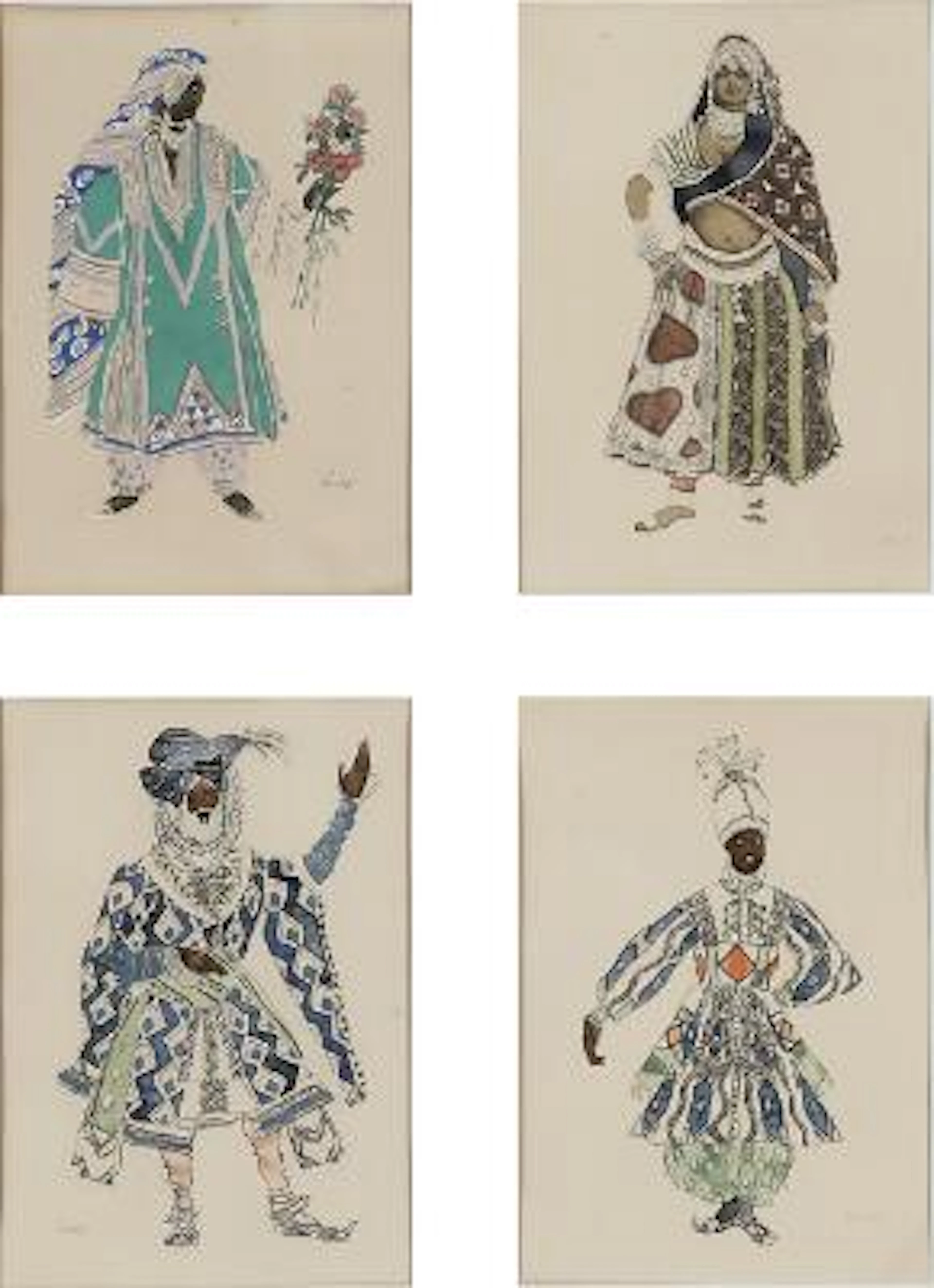 Léon Bakst: Four costume designs. Signed in the print. Stencil and