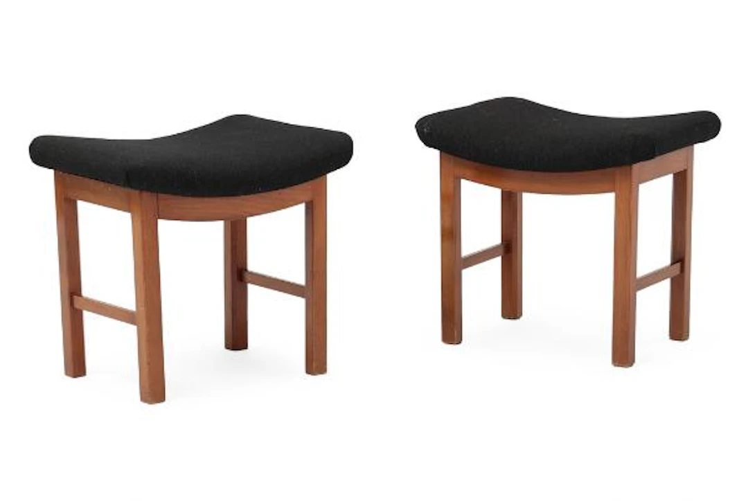 Fritz Hansen: A pair of stools with frame of stained beech. Seat upholstered