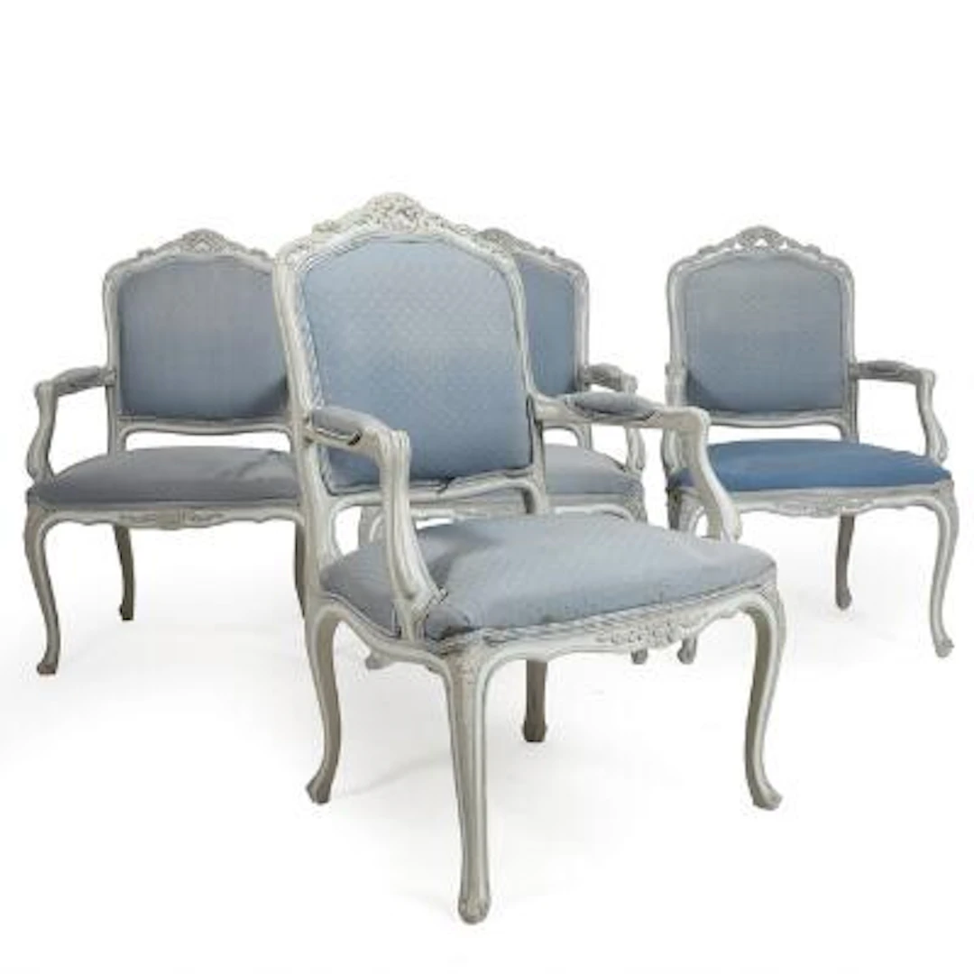 A suite of four Danish Rococo style blue painted armchairs. Circa