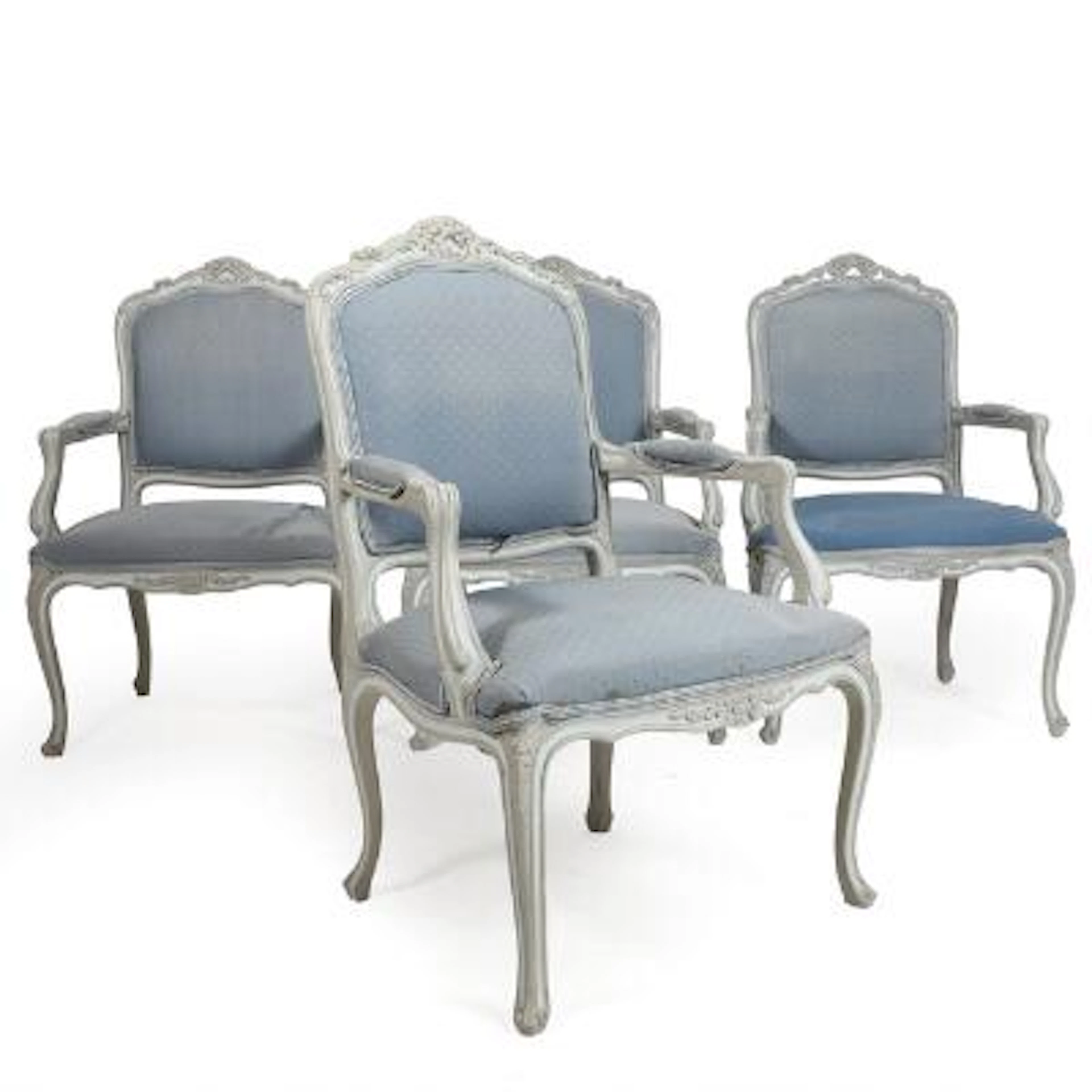 A suite of four Danish Rococo style blue painted armchairs. Circa