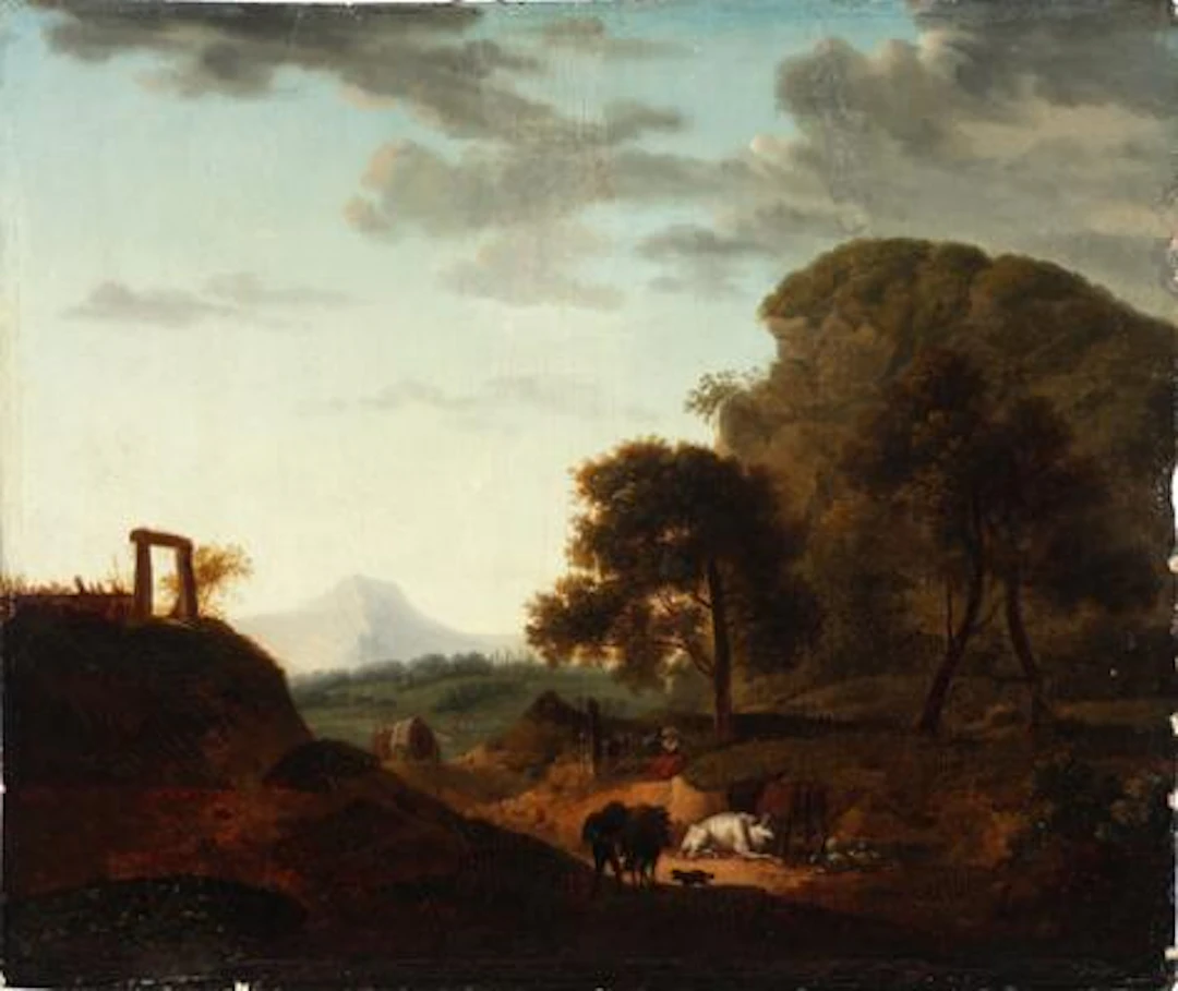 Dutch painter, 18th century: Shepherds with their animals in an idyllic