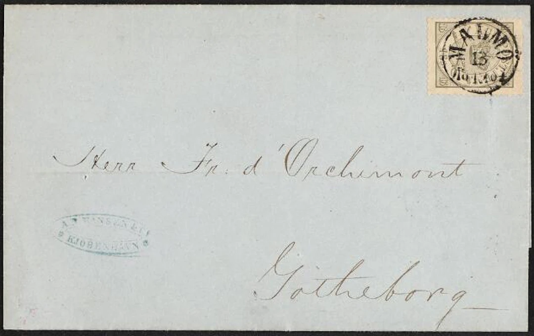1864. 16 sk. 1.print. Single on ship-mail cover to Sweden with swedish