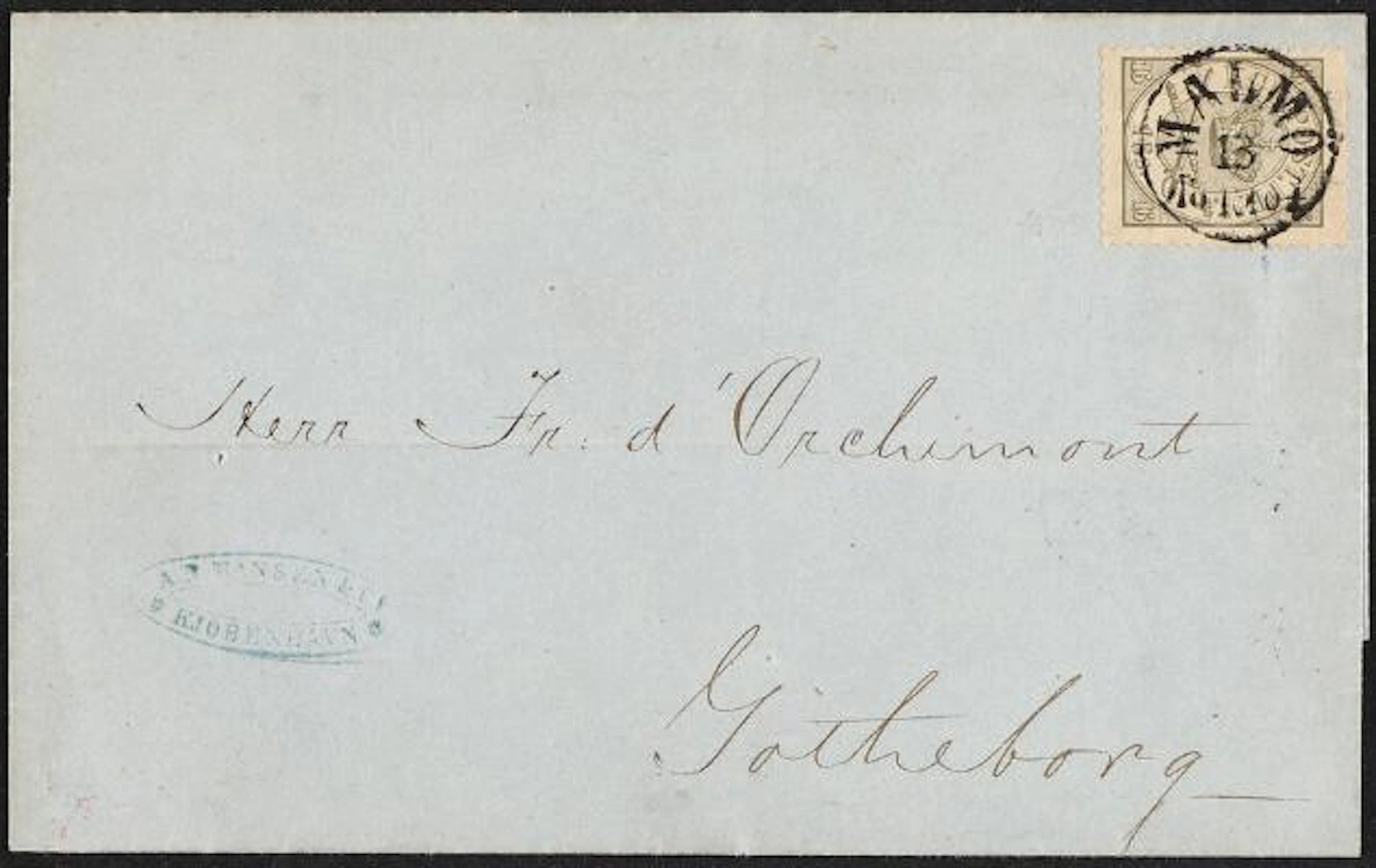1864. 16 sk. 1.print. Single on ship-mail cover to Sweden with swedish