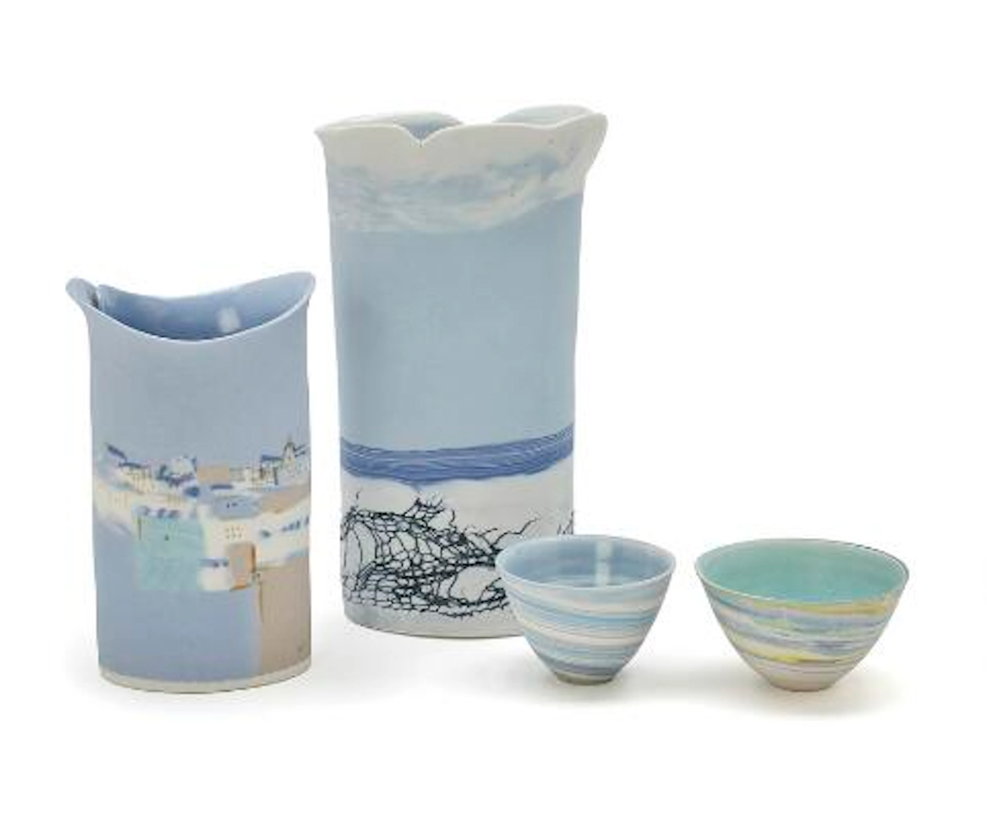 Lene Regius: Two coloured porcelain vases and two bowls. H. 4.8–22.5.