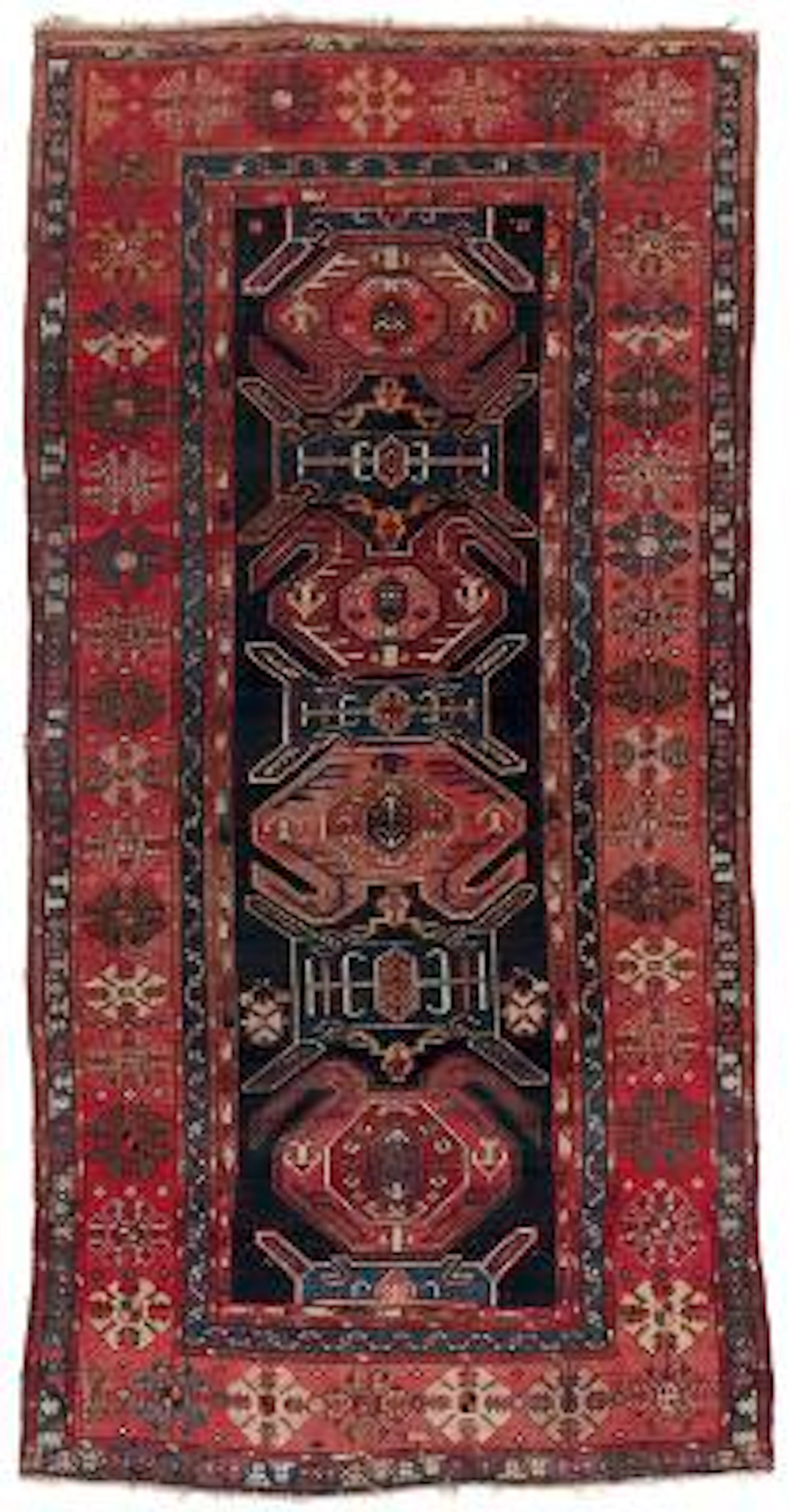 An antique Lenkoran rug, Caucasus. Large geometrical ornaments. 1900-1920.