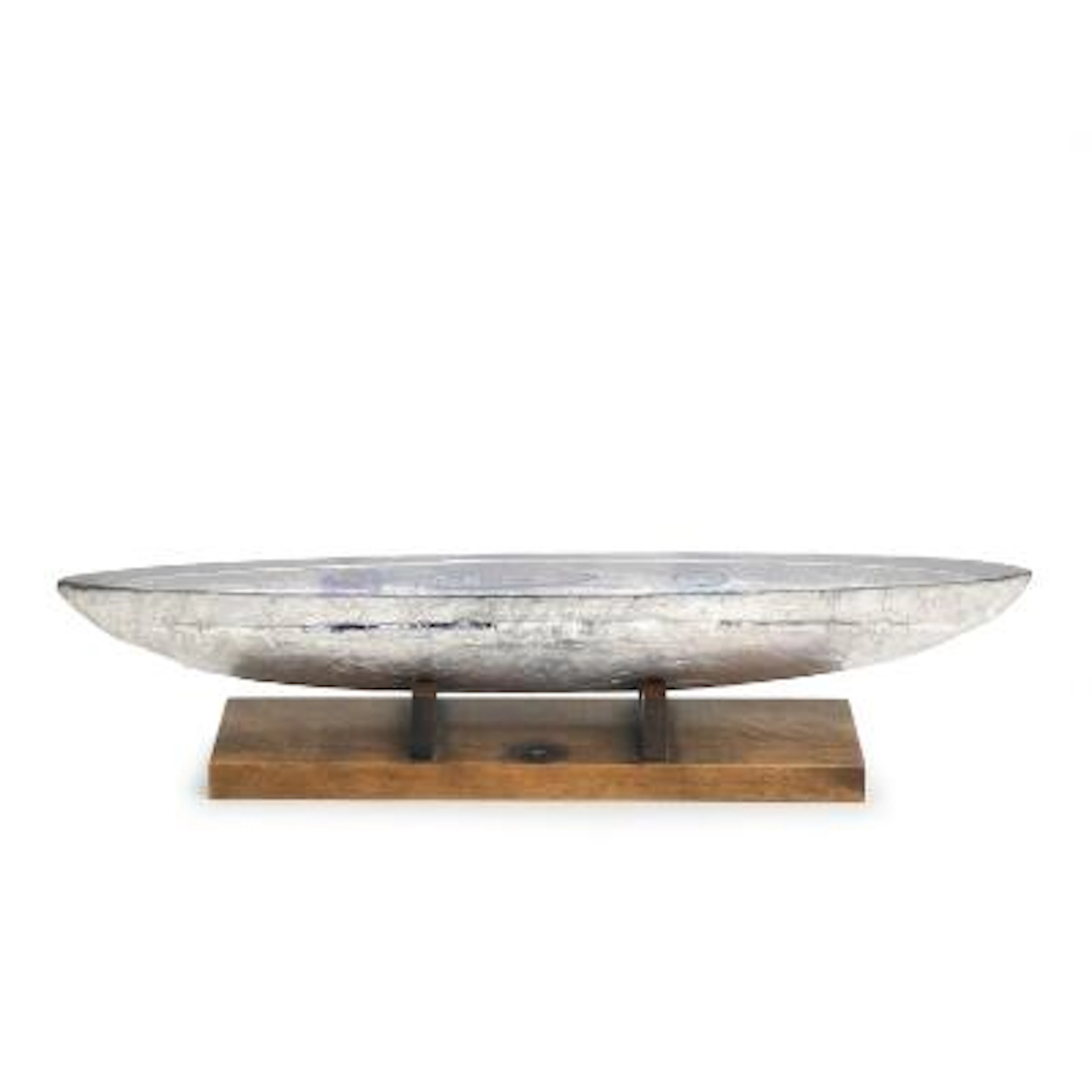 Bertil Vallien: A glass and silver foil boat on wooden base. Signed