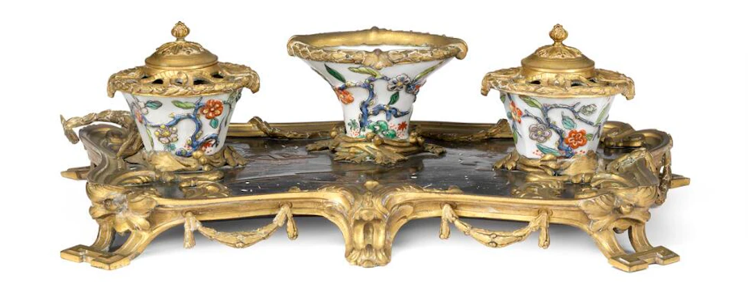 A Louis XV gilt bronze and lacquer inkstand. Mid-18th century. H.