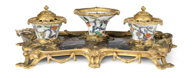 A Louis XV gilt bronze and lacquer inkstand. Mid-18th century. H.
