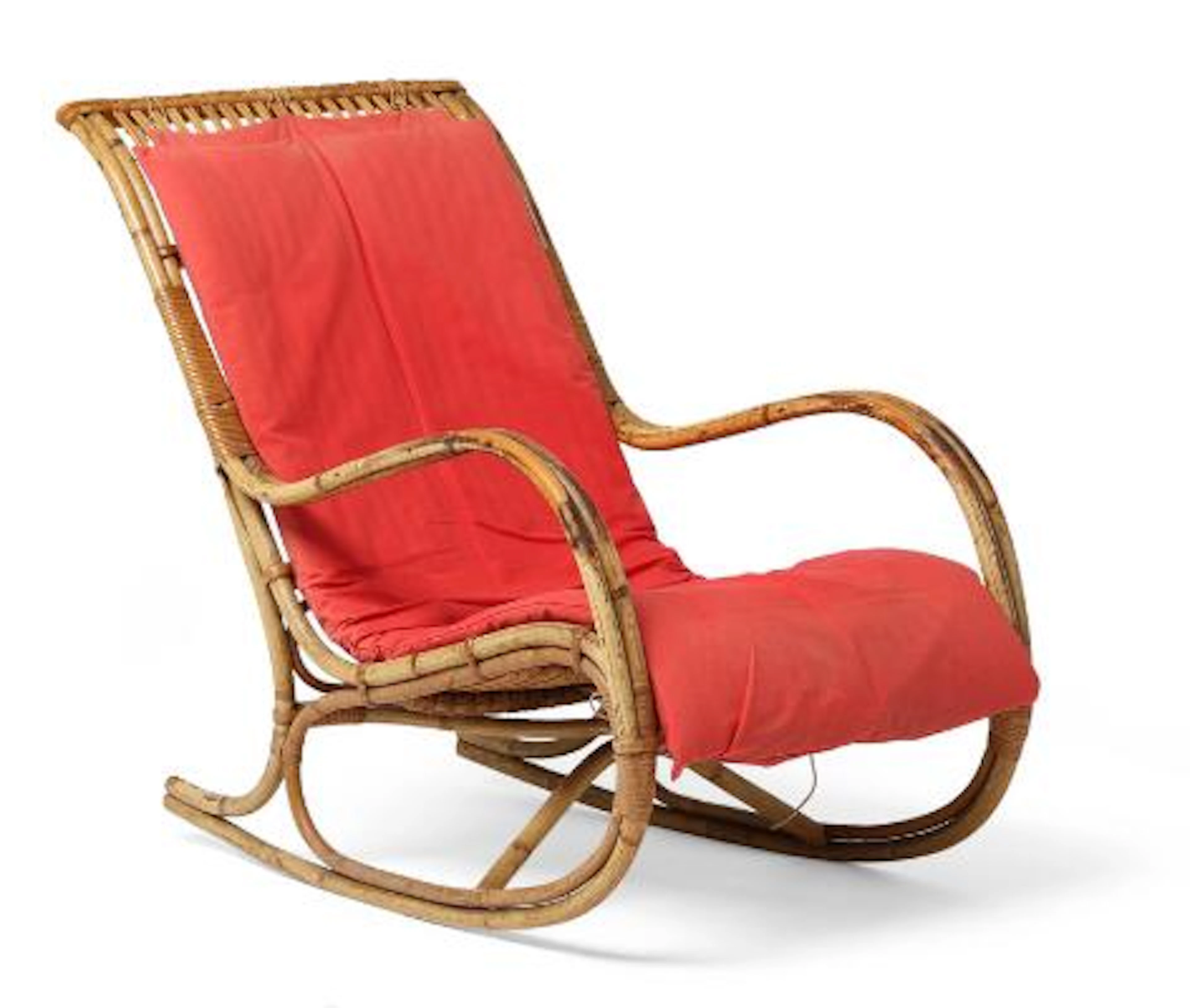 Robert Wengler: Rocking chair of woven and bentwood bamboo. Cushion