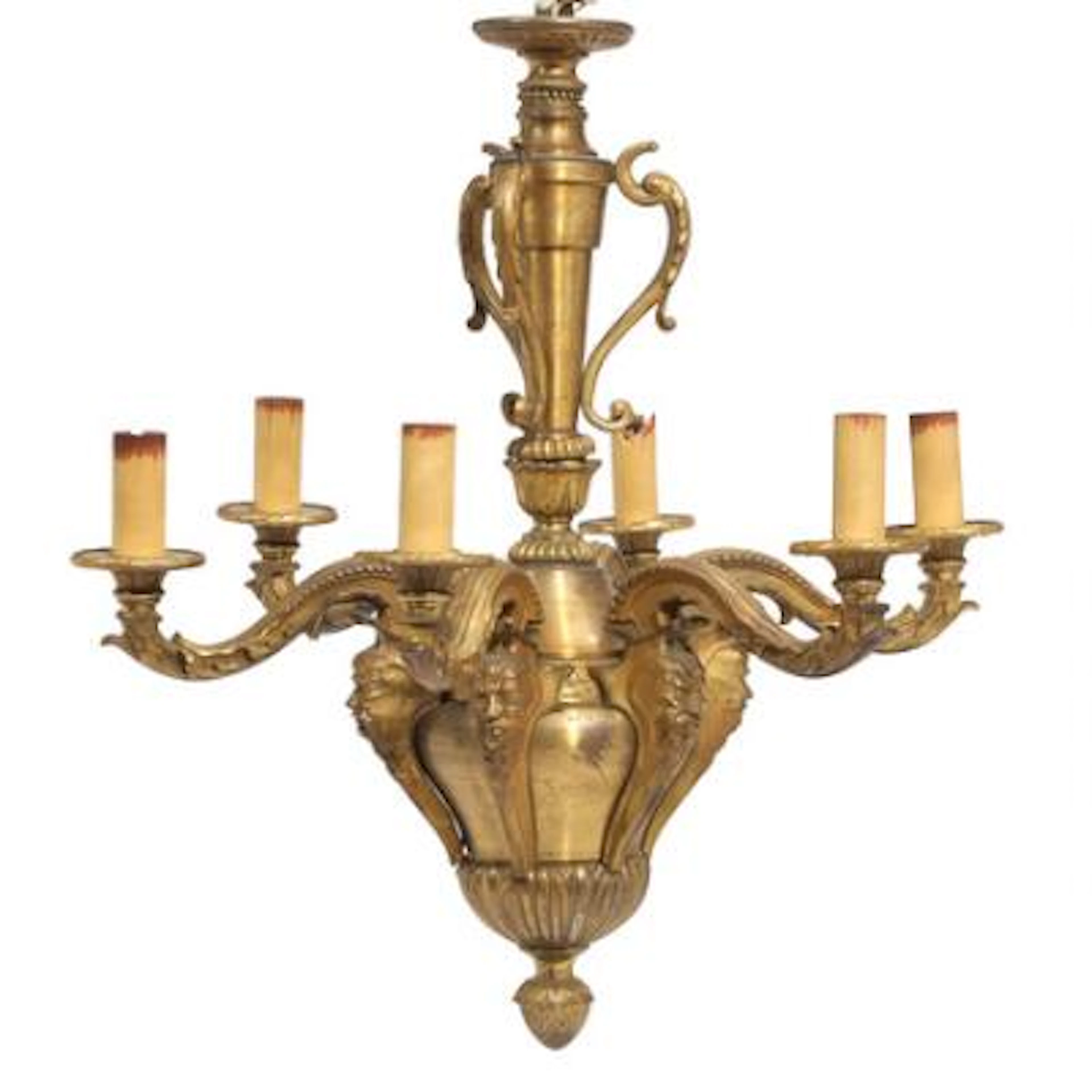 A French chandelier of bronze and gilded bronze, cast with satyr masks