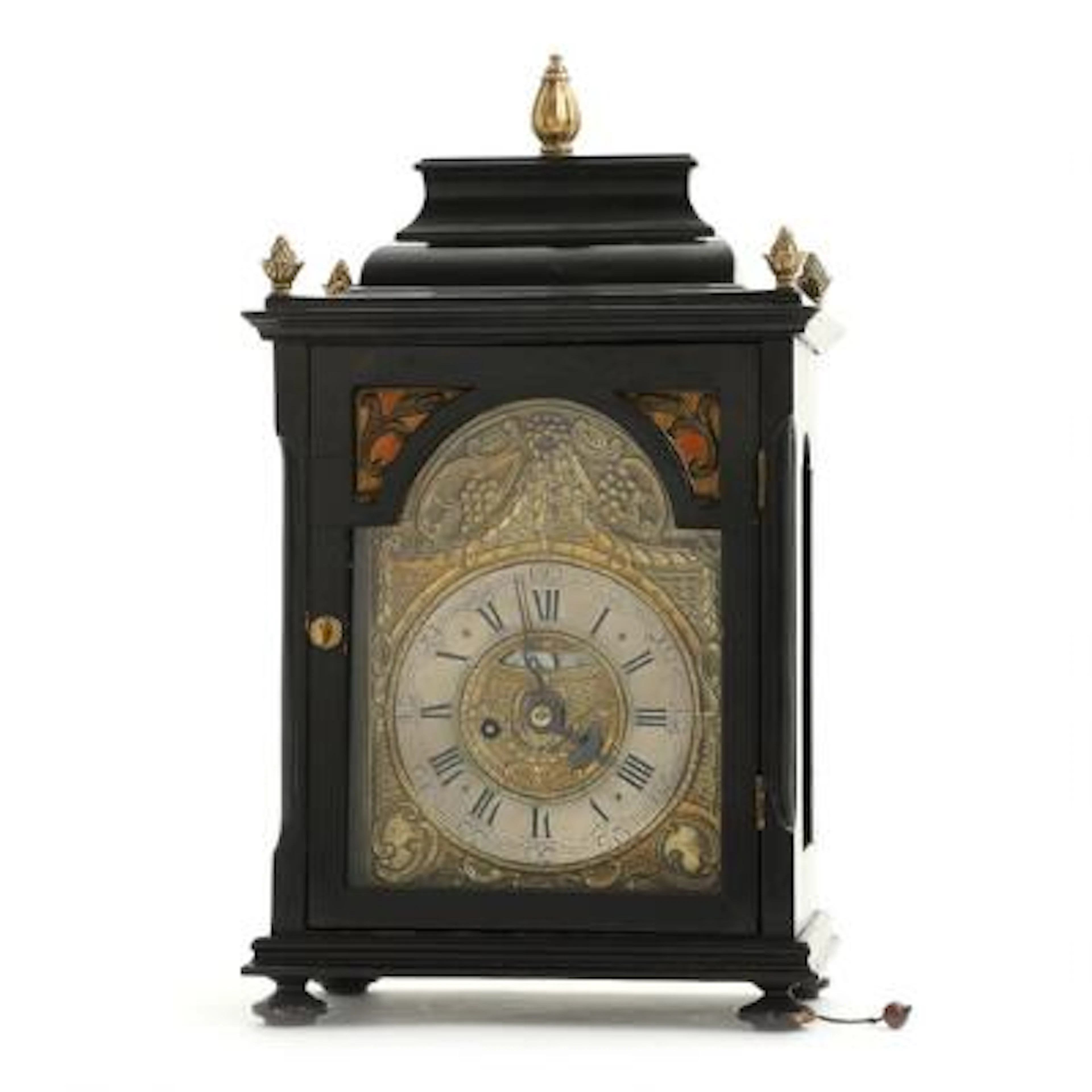 An 18th century black painted Baroque table clock with repetition