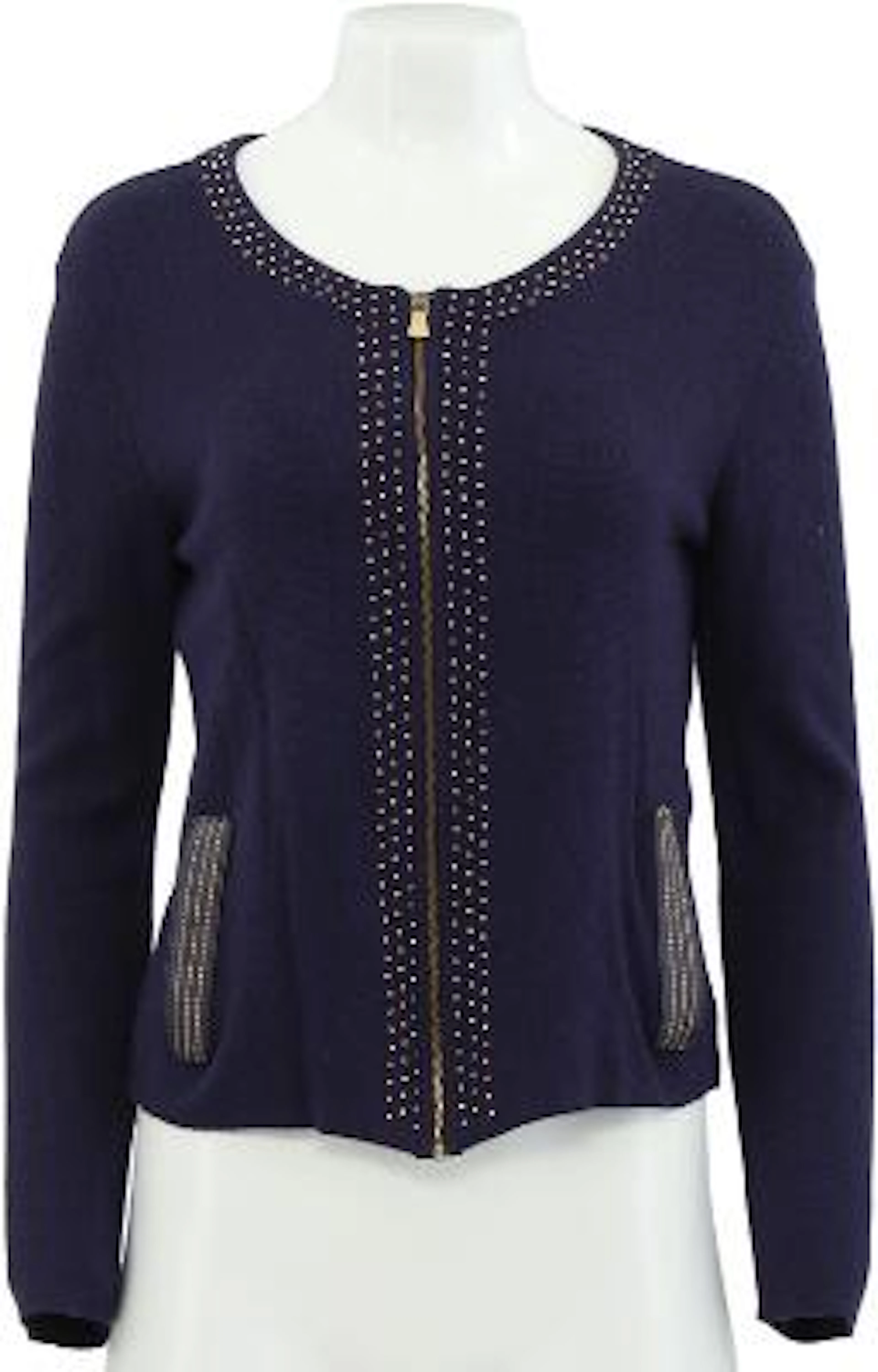 Gianni Versace: Navy blue cardigan adorned with numerous gold-tone