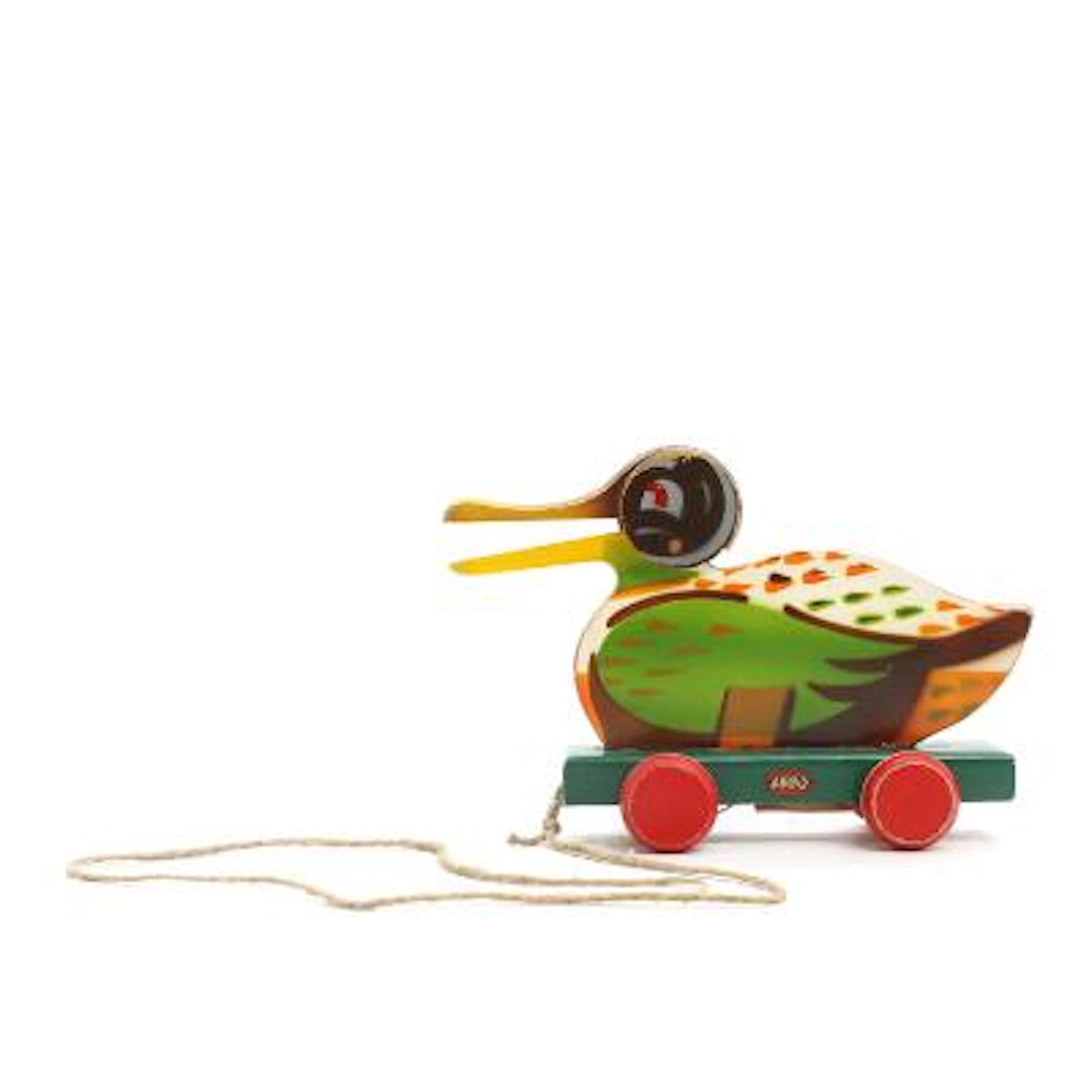 LEGO: A painted wooden pull duck on four wheels. Manufactured and