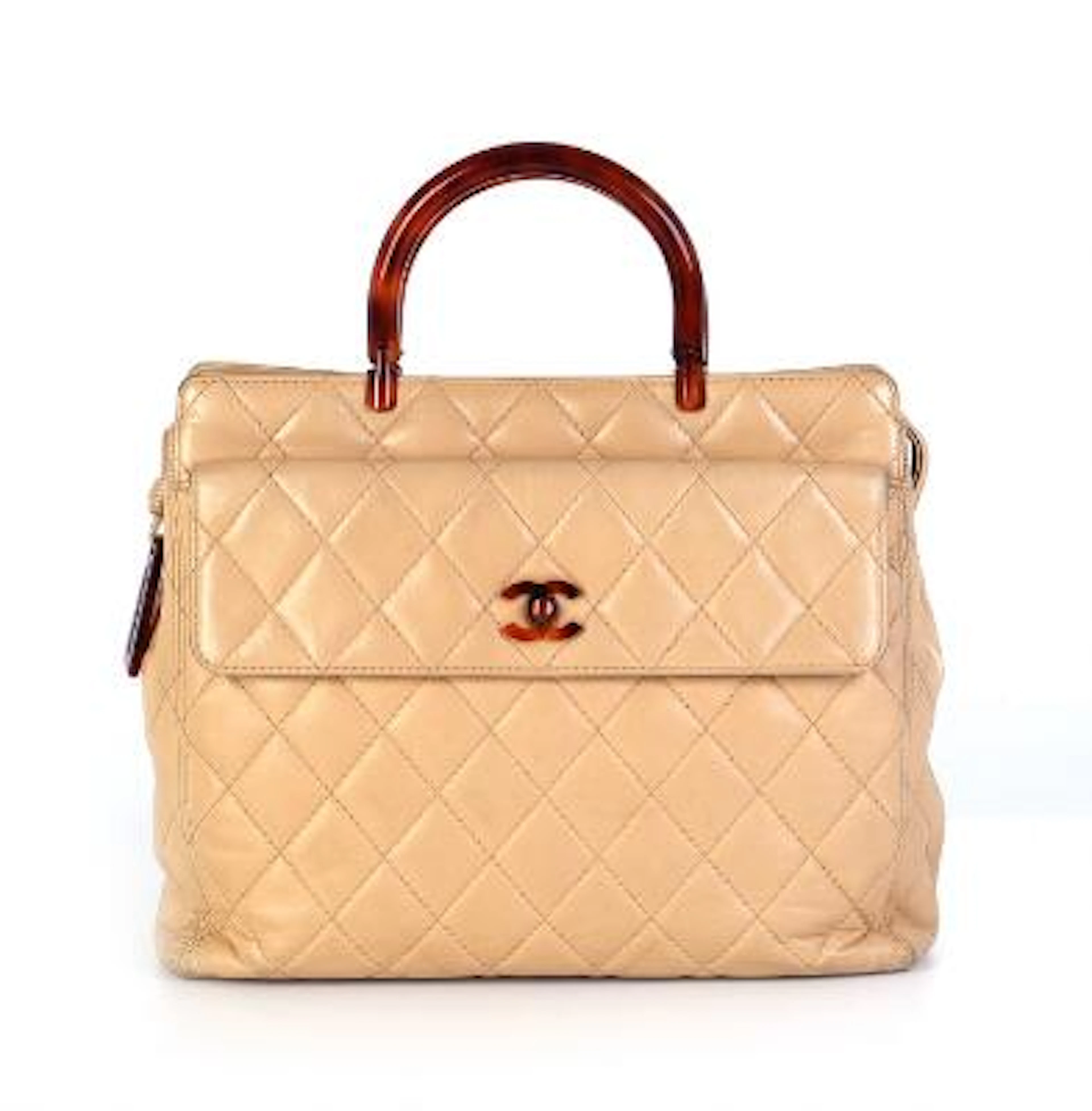 Chanel: A "Tortoise Top Handle Tote" bag of beige quilted lamb skin