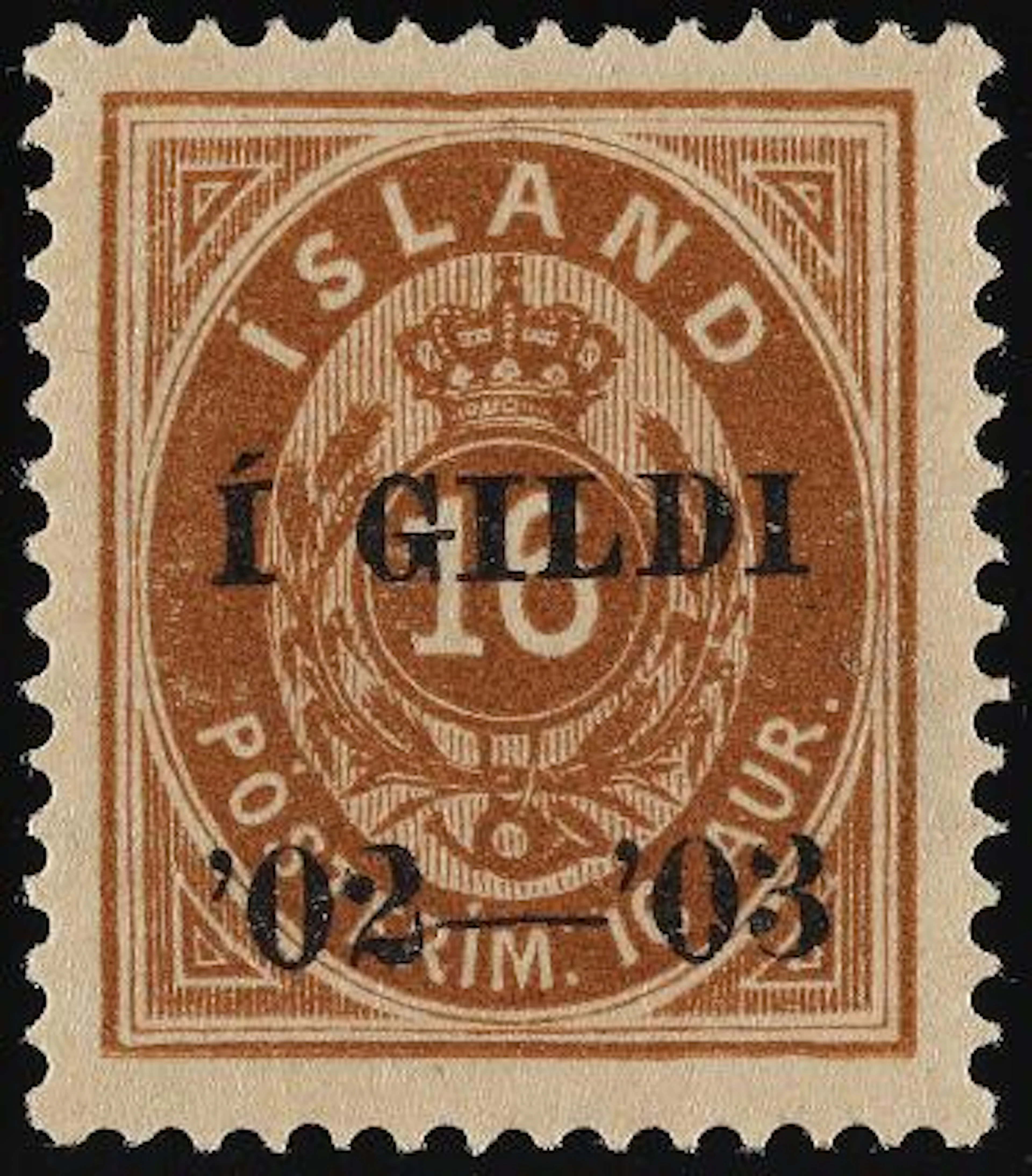 Iceland. 1902. I GILDI. 16 Aur, brown. Perf. 14. Black overprint I