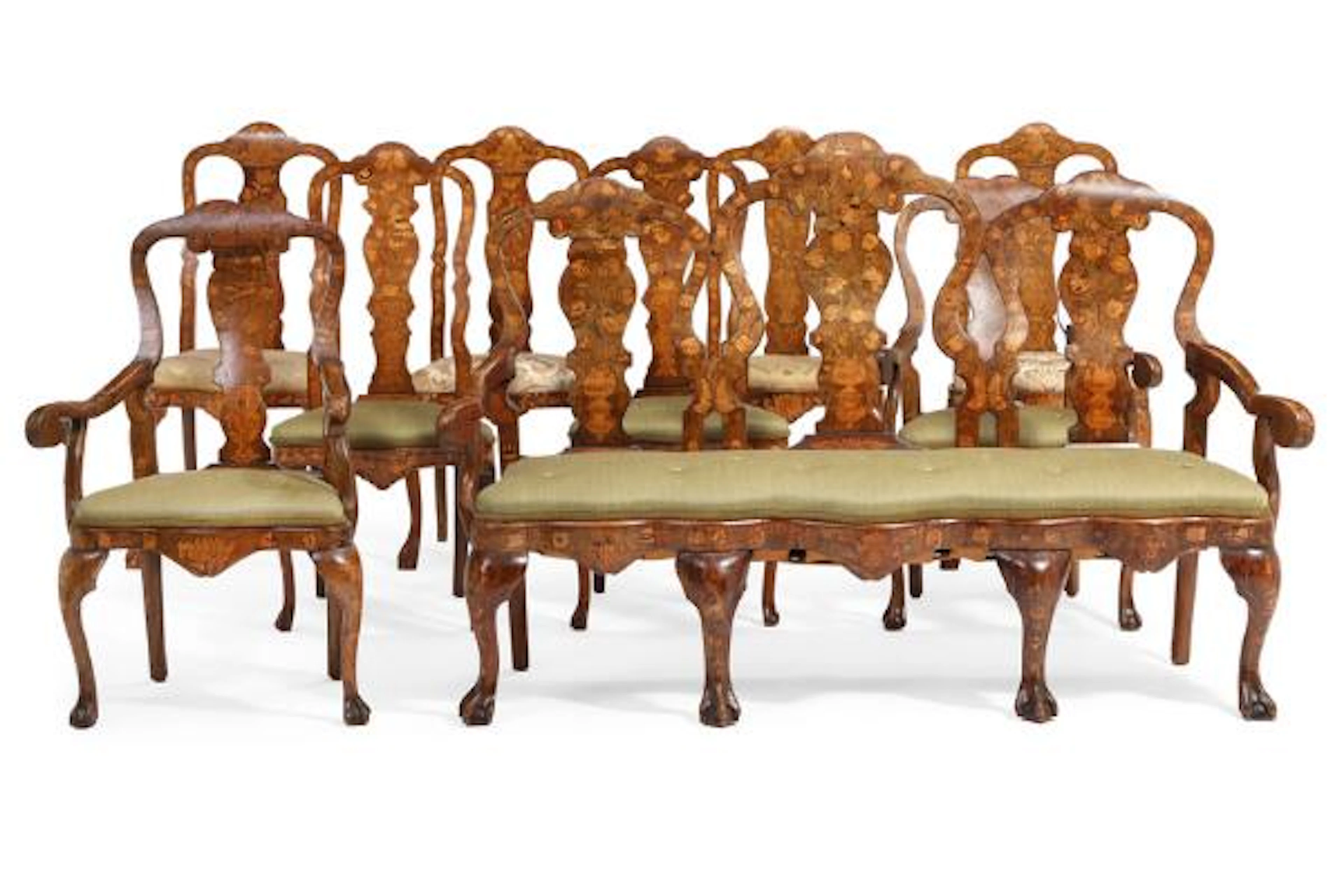 A Dutch set of floral marquetry seat furniture. Late 19th century.