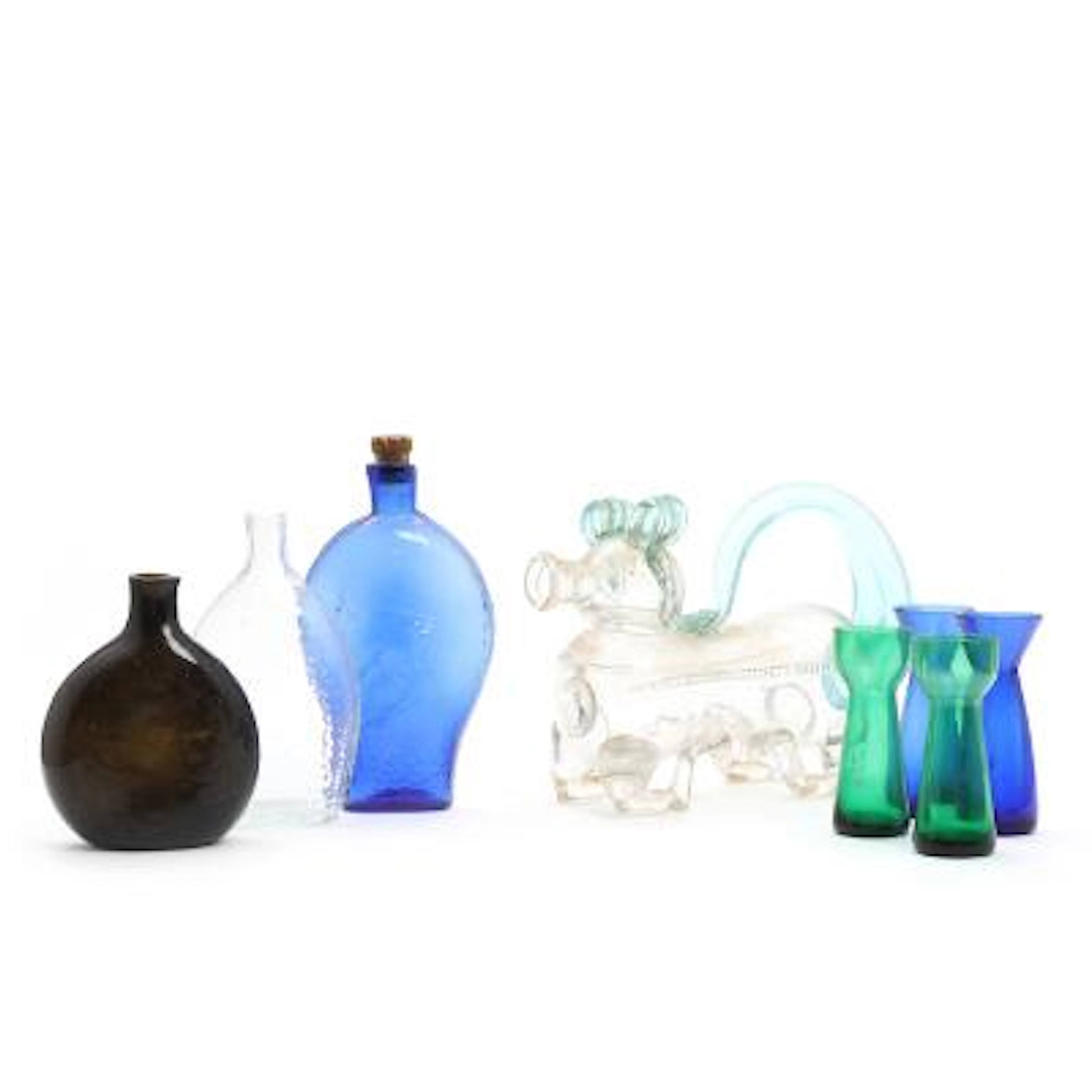 A selection of 19th-20th century glass comprising three flasks, four