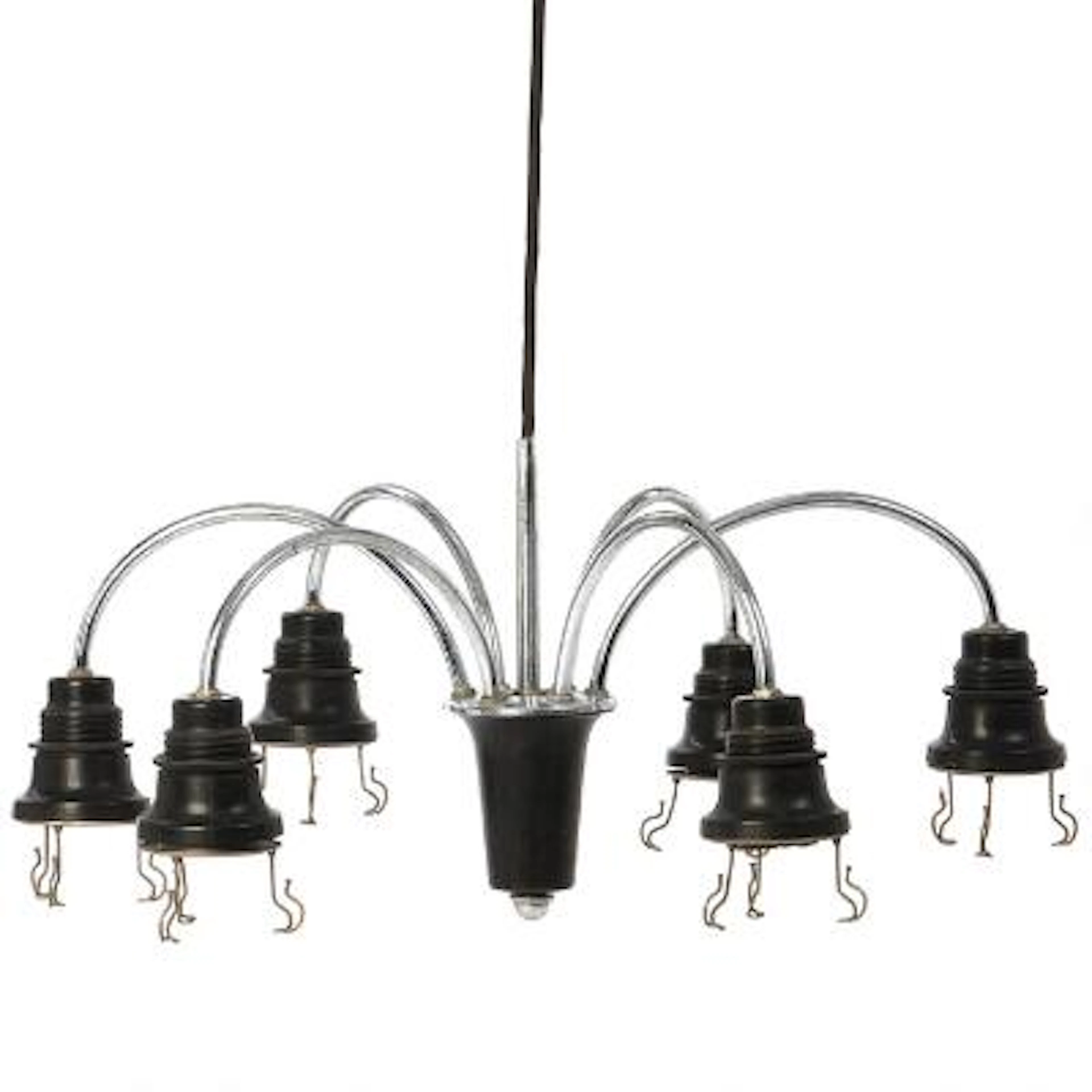 Poul Henningsen: "PH-2/2". "Cascade". Chromed metal six arm chandelier