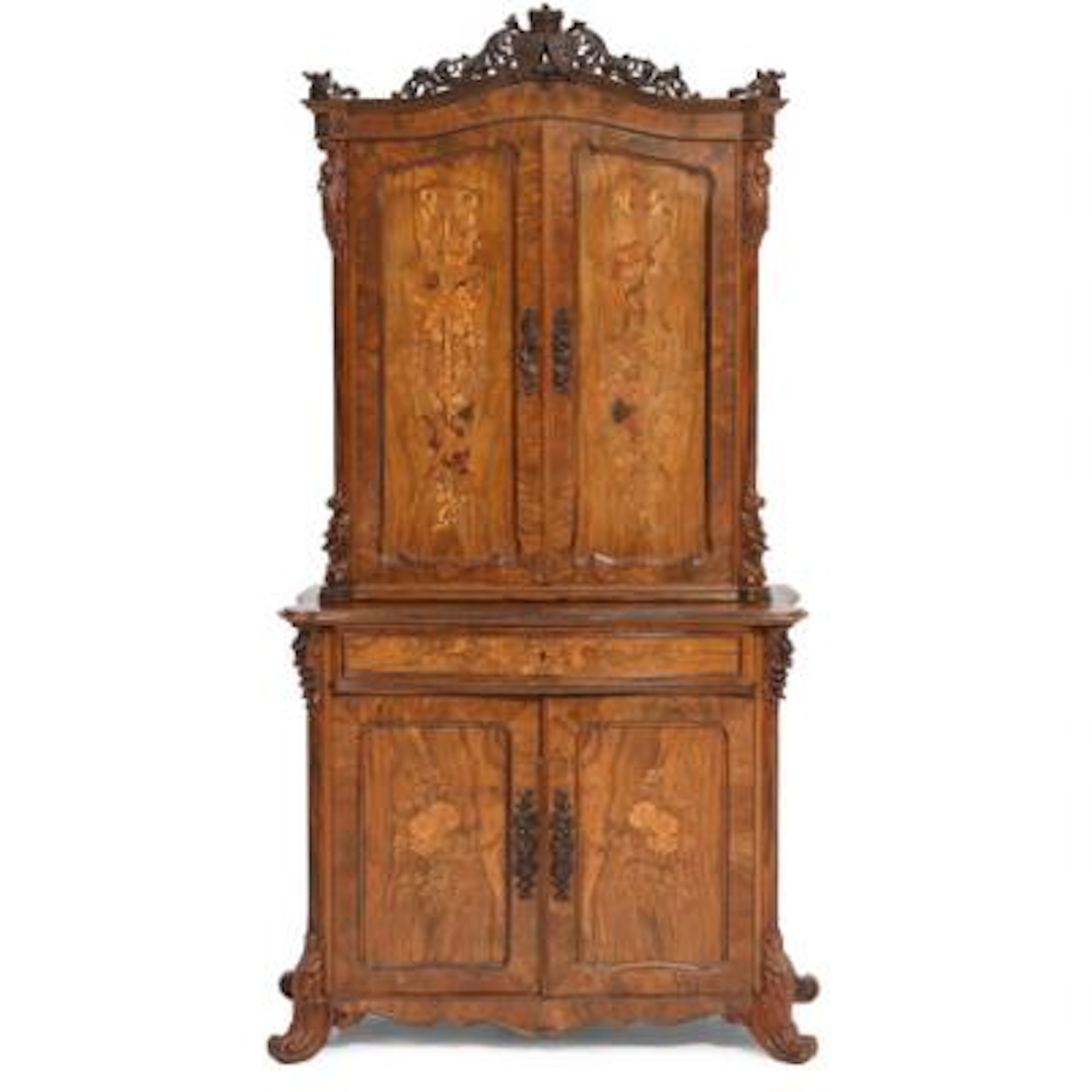 A Neo-Rococo marquetry silverware cabinet of walnut. Mid-19th century.