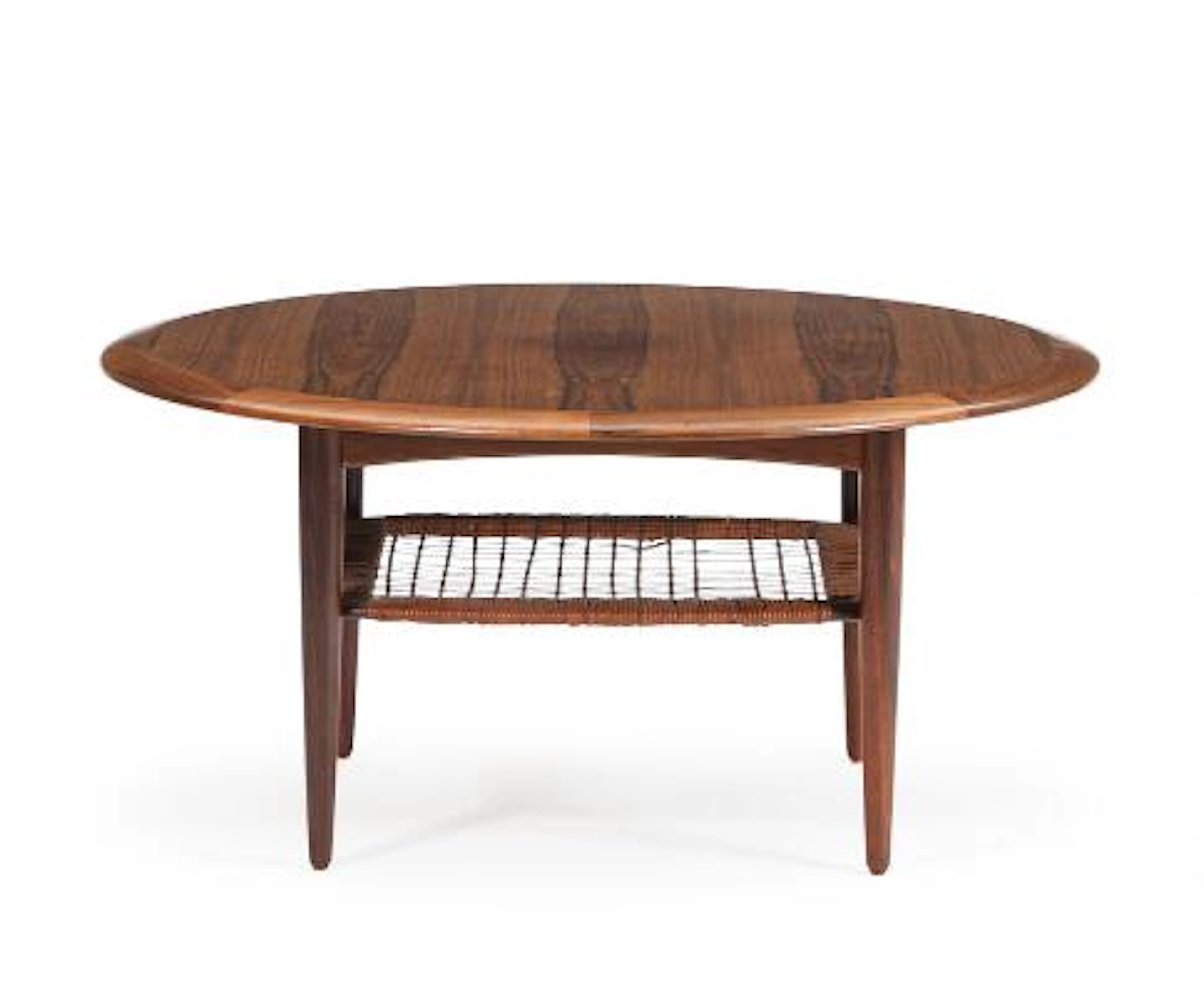 Johannes Andersen: Circular rosewood coffee table with woven cane