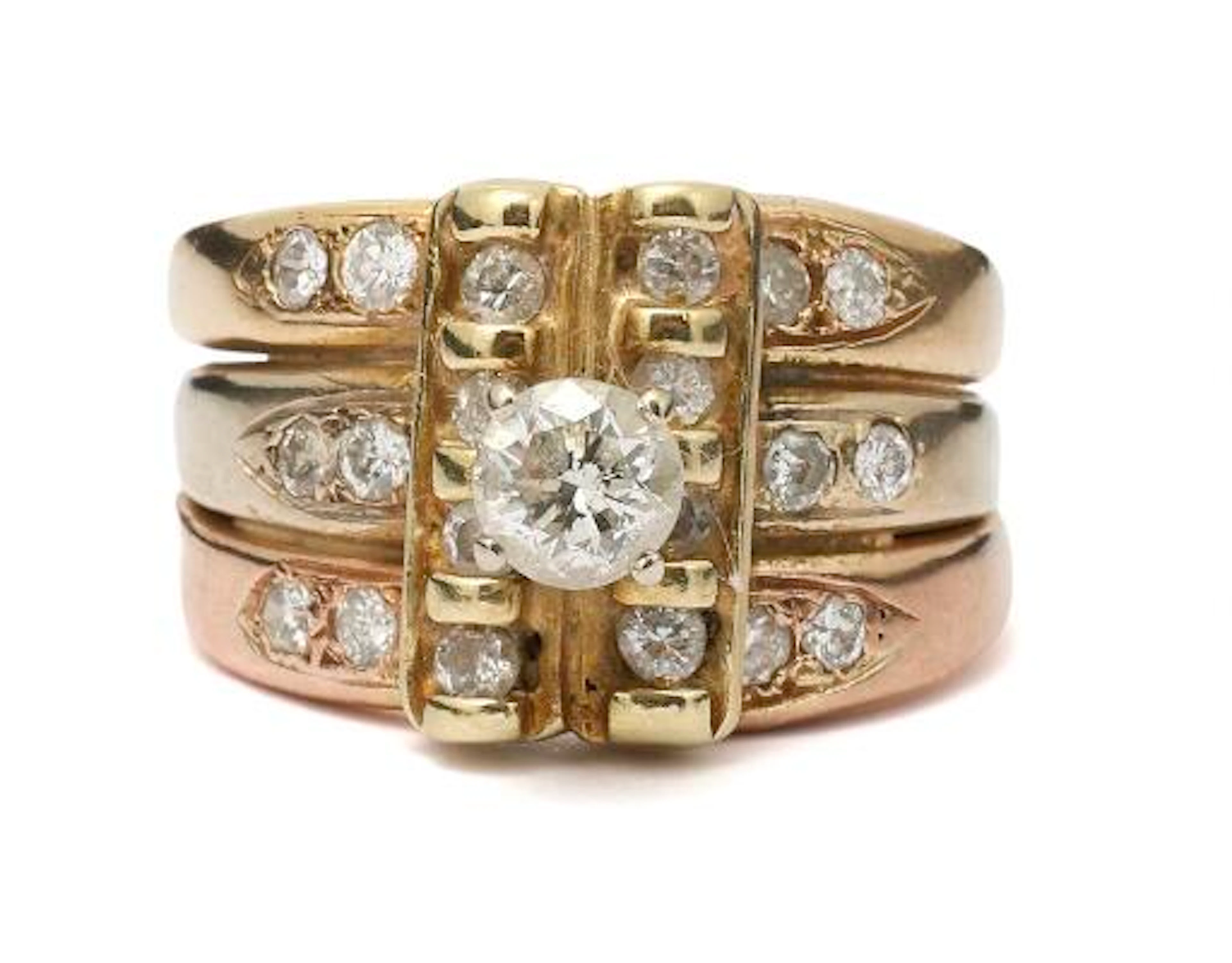 Diamond ring set with numerous diamonds, mounted in 14k gold and white
