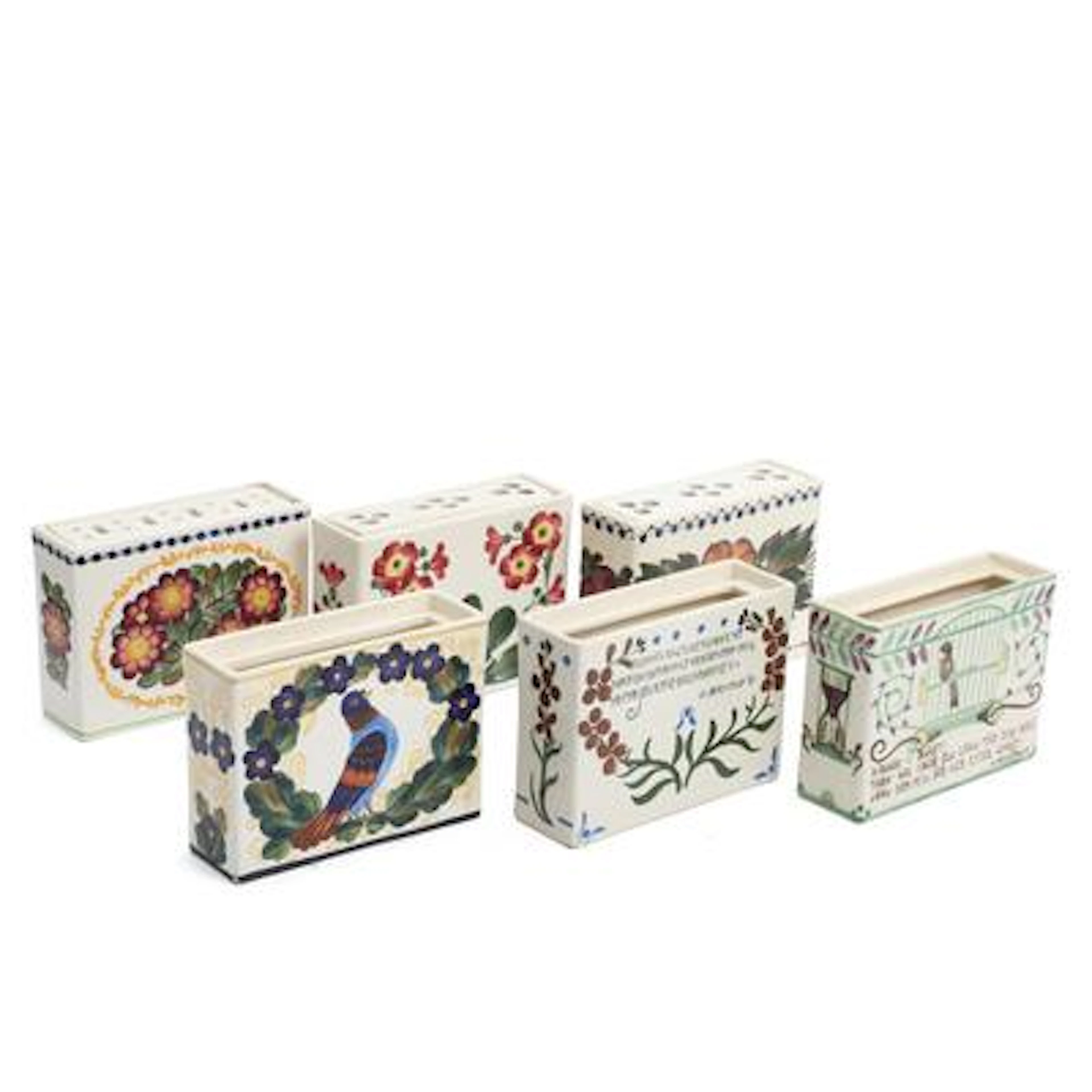 Six rectangular bouquetieres in faience, decorated in colours with
