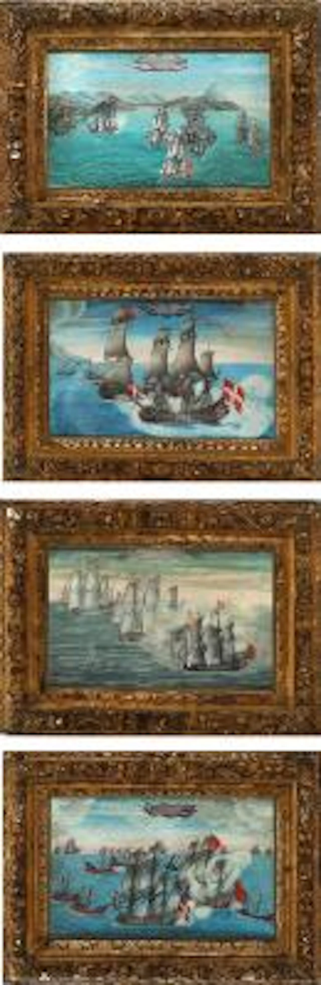 Unknown painter, 18th century.: Four small naval battles. Unsigned.