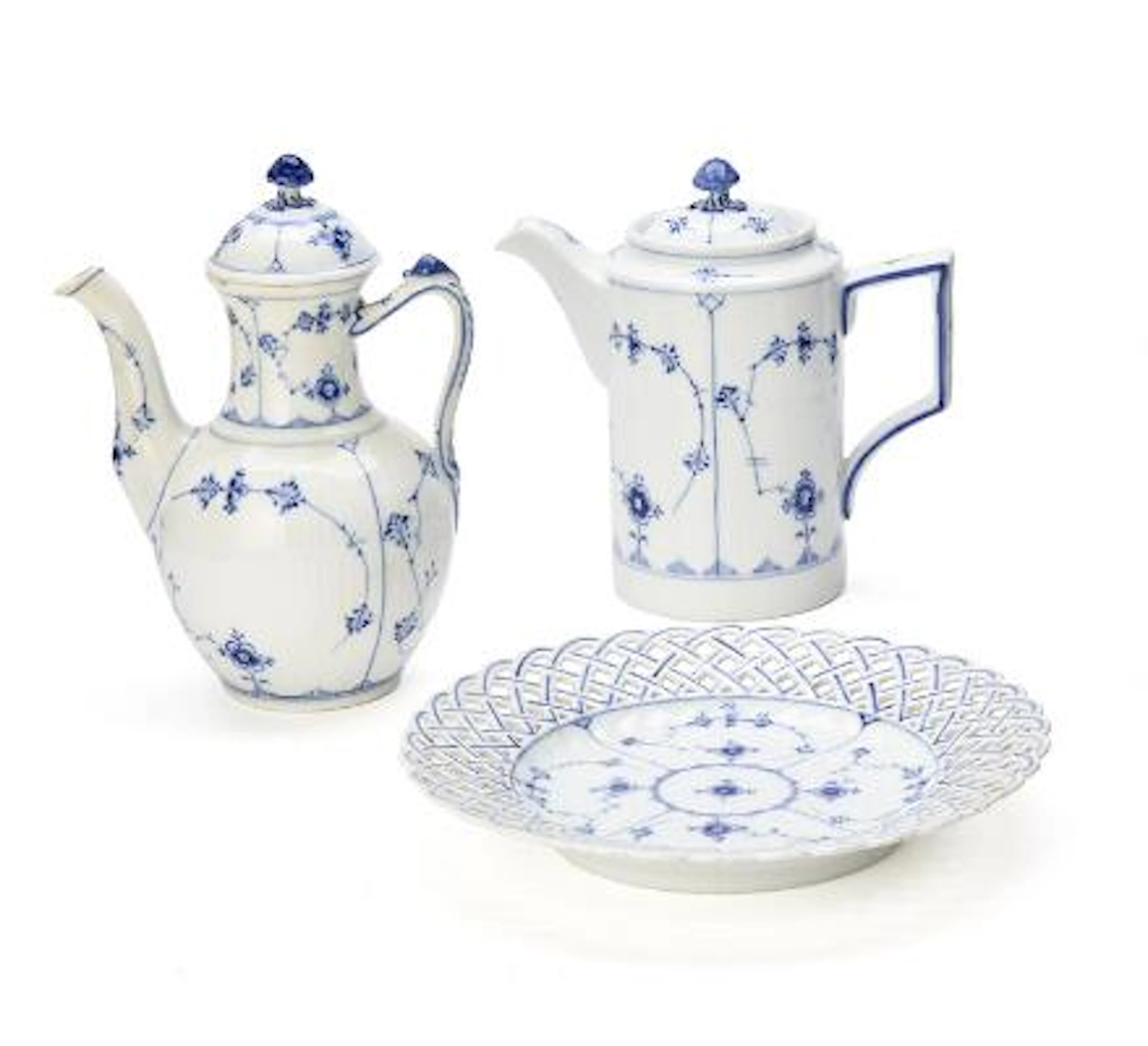 Blue Fluted porcelain fruit plate, a coffeepot and a chocolate pot